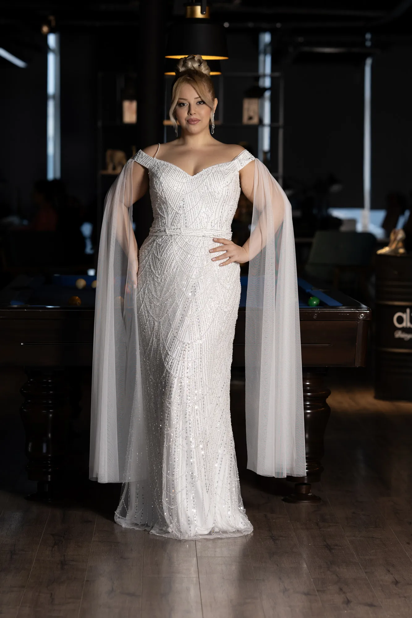 Ecru-Long Stony Plus Size Haute Couture Dress ABU3554