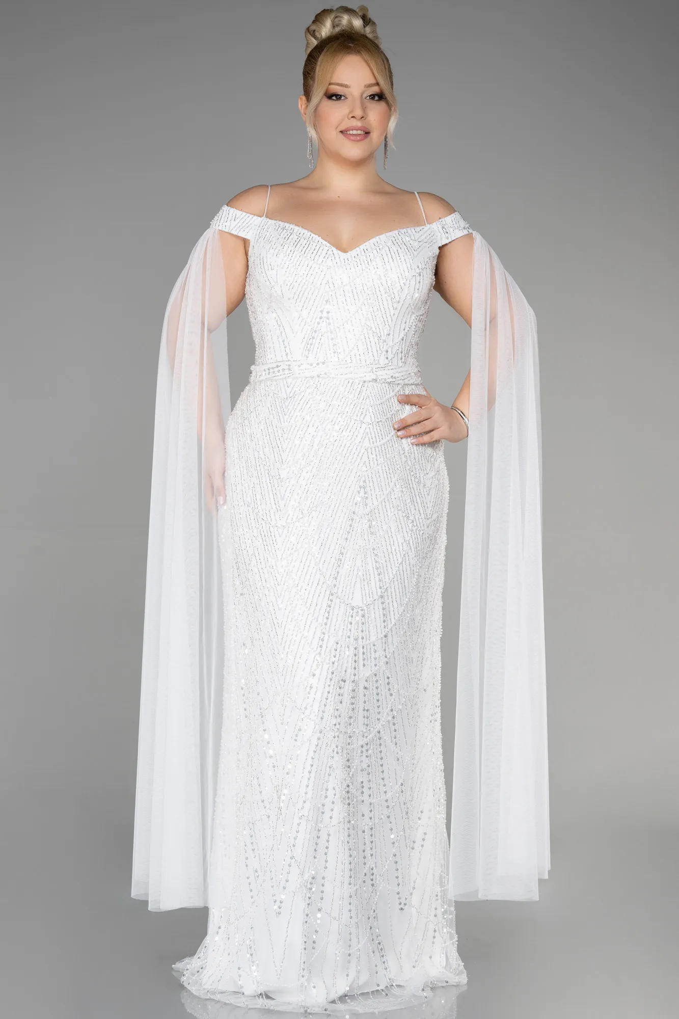 Ecru-Long Stony Plus Size Haute Couture Dress ABU3554