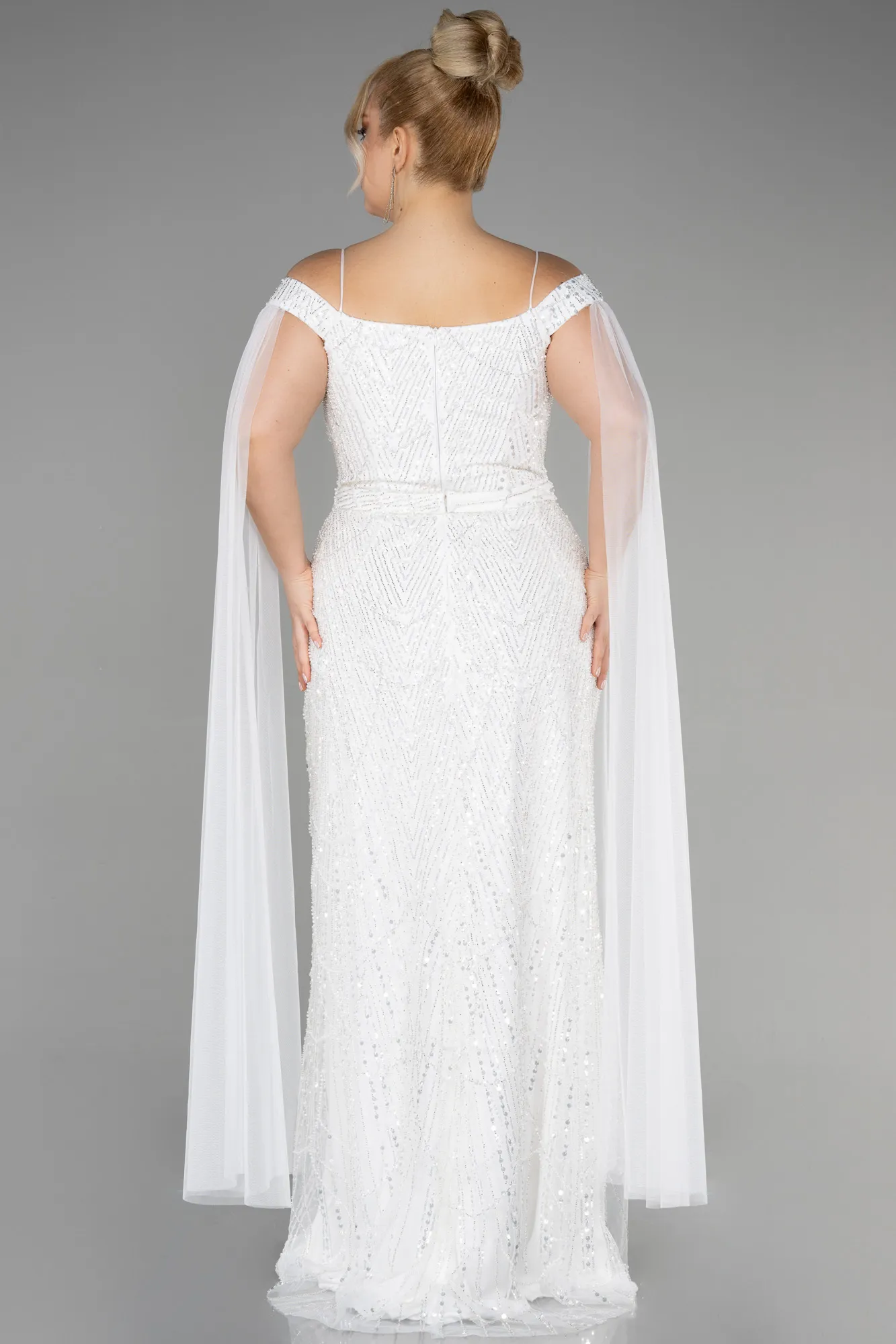 Ecru-Long Stony Plus Size Haute Couture Dress ABU3554