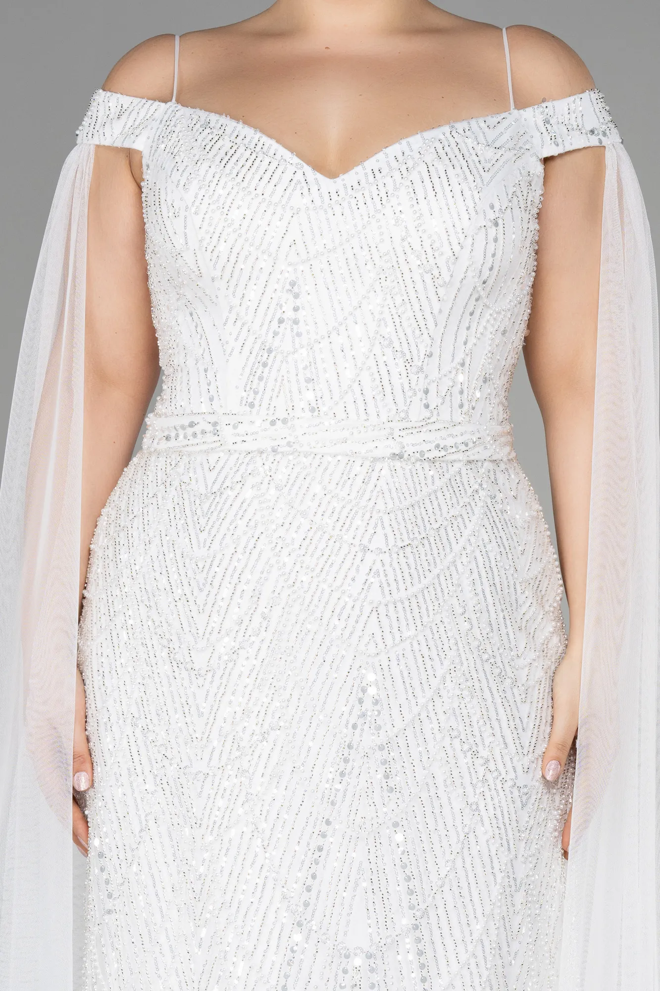 Ecru-Long Stony Plus Size Haute Couture Dress ABU3554