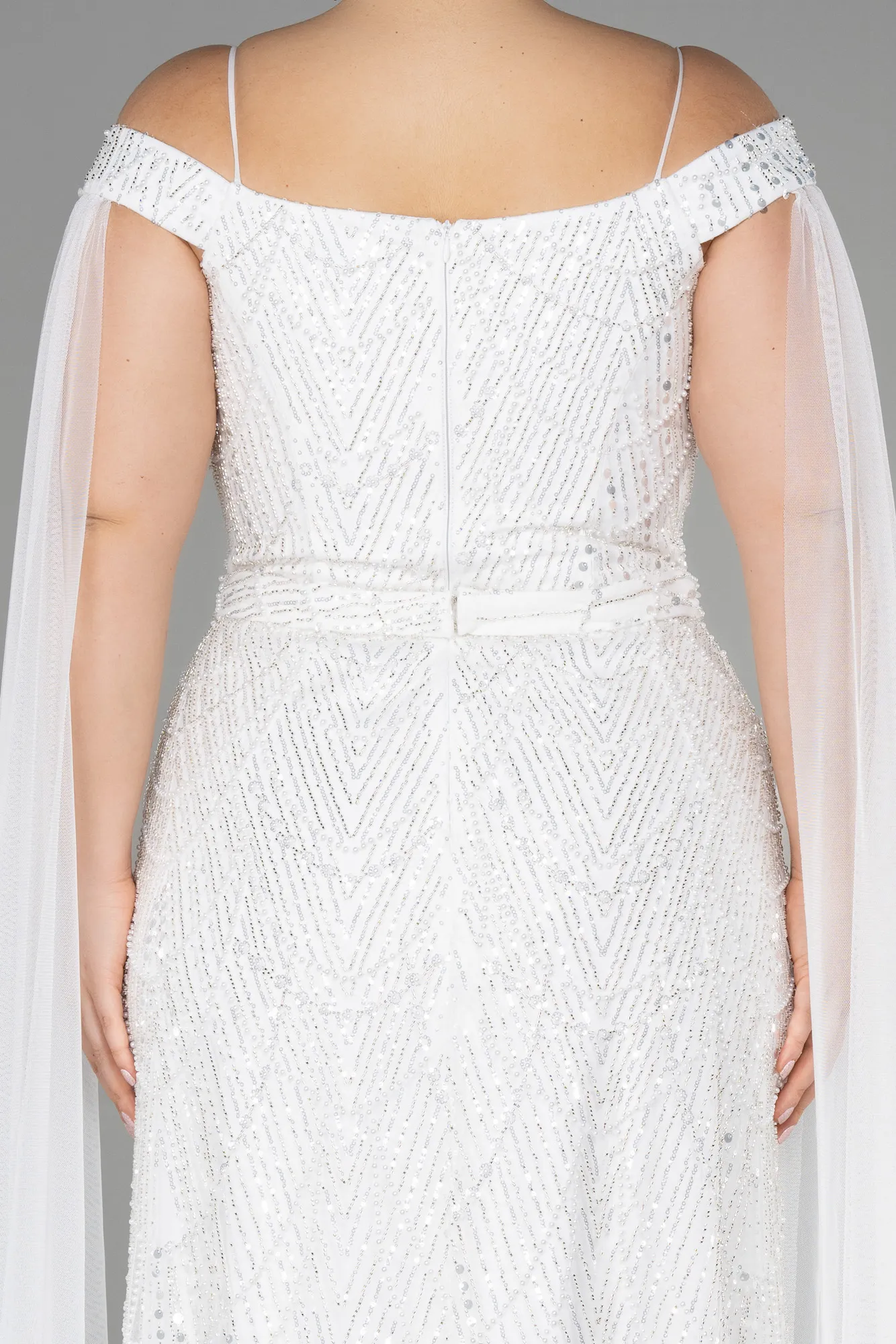 Ecru-Long Stony Plus Size Haute Couture Dress ABU3554