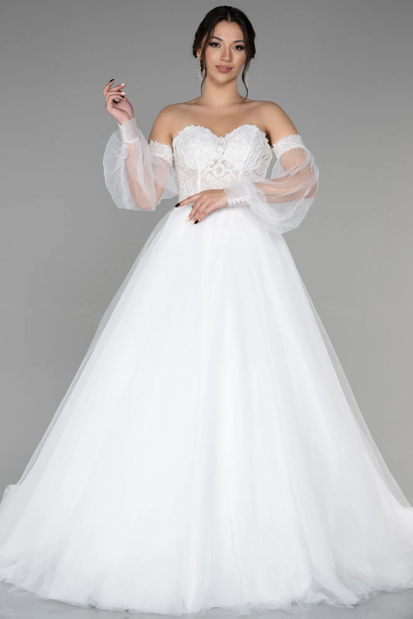 Ecru-Long Wedding Dress ABU3356