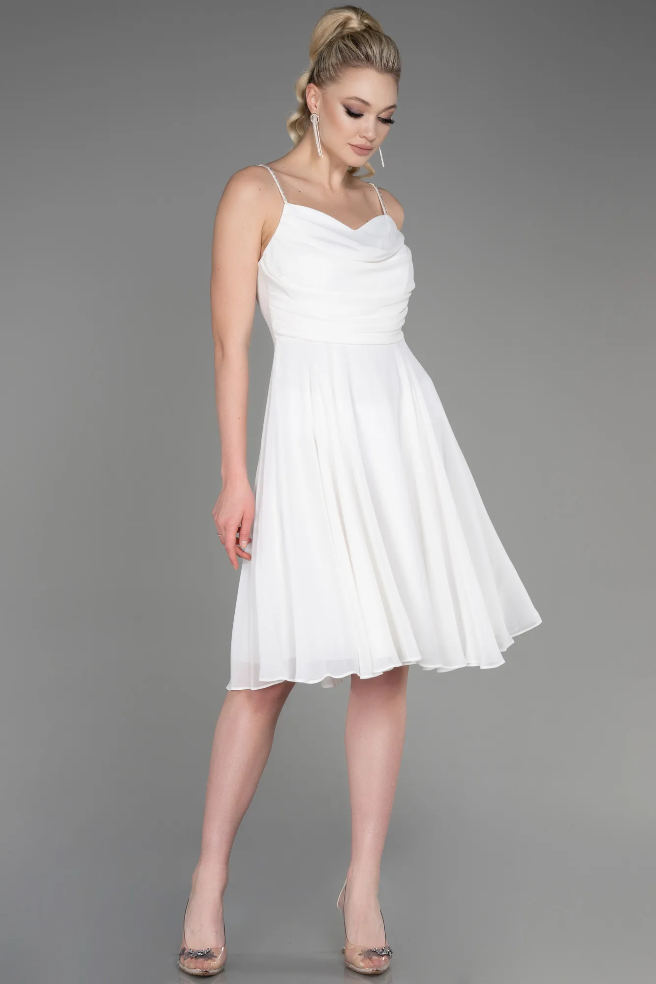 Ecru-Midi Chiffon Evening Dress ABK1986