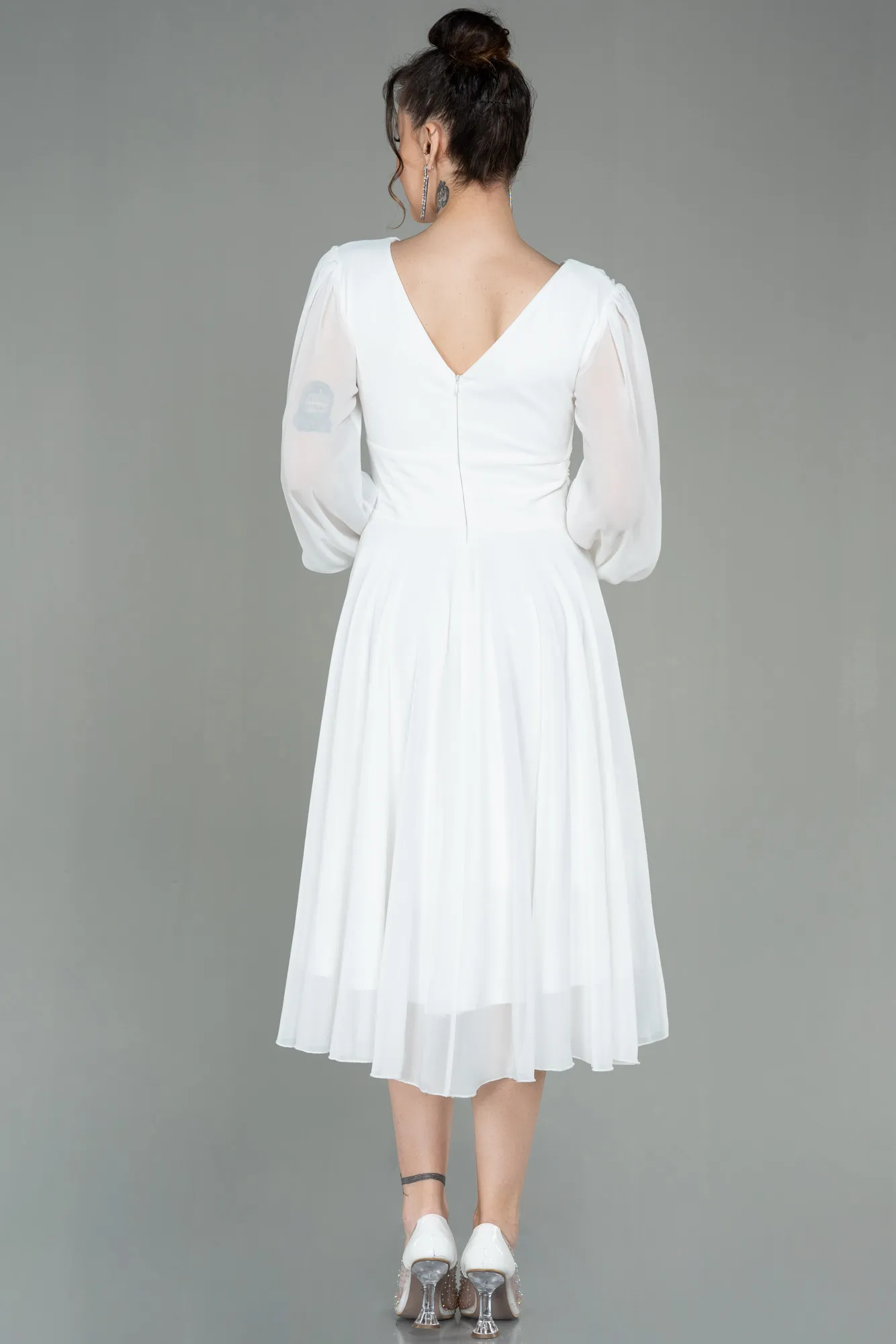 Ecru-Midi Chiffon Invitation Dress ABK1667