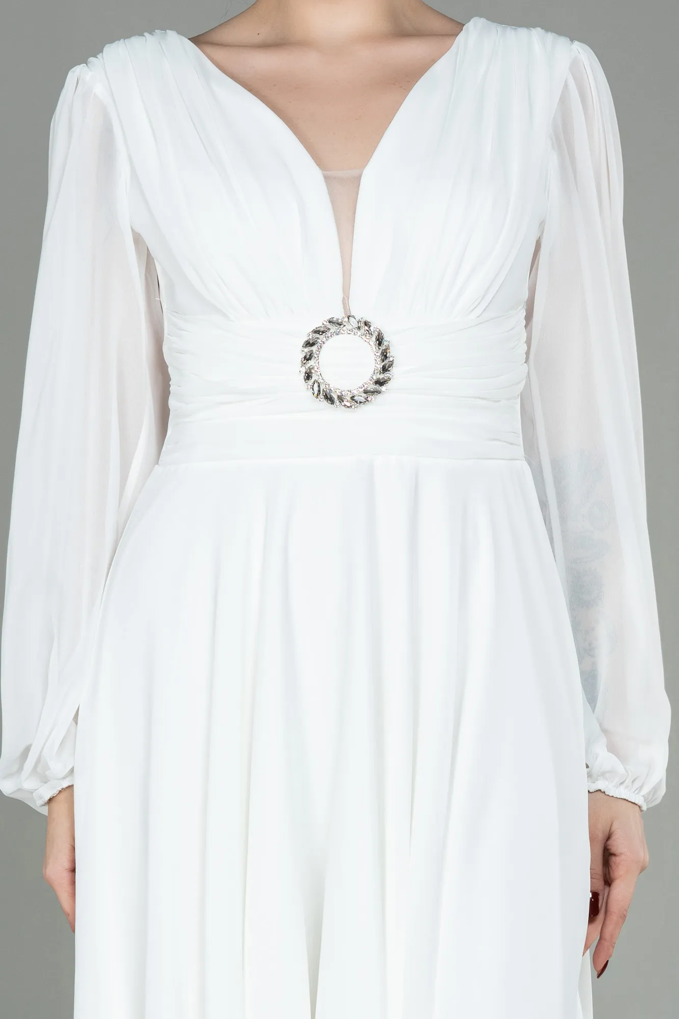 Ecru-Midi Chiffon Invitation Dress ABK1667