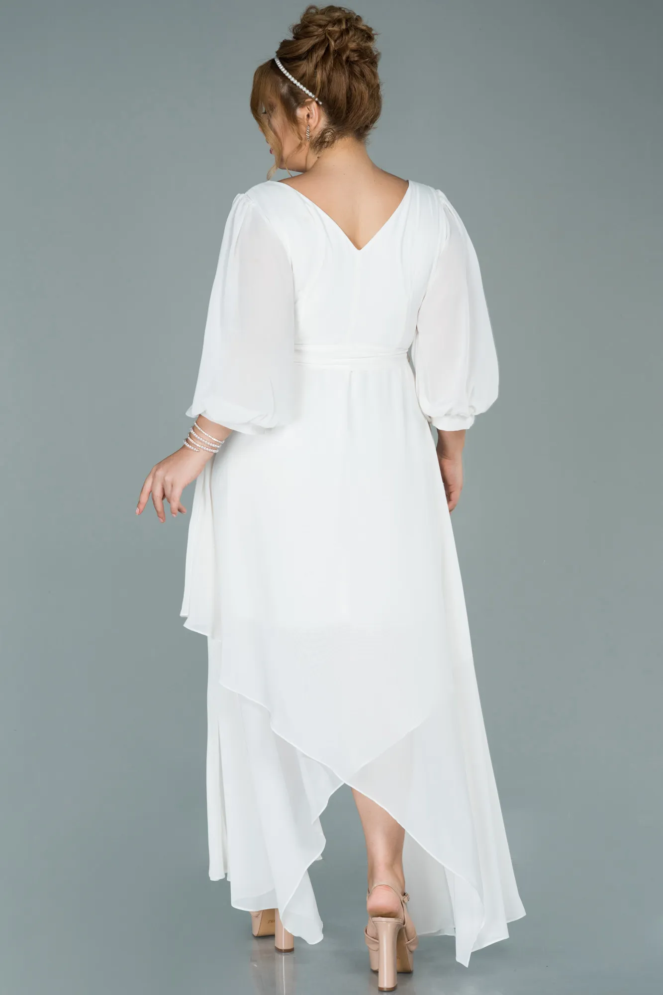Ecru-Midi Chiffon Oversized Evening Dress ABK1083