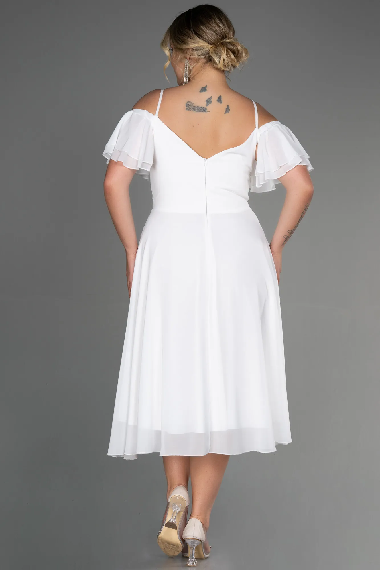 Ecru-Midi Chiffon Plus Size Evening Dress ABK1475