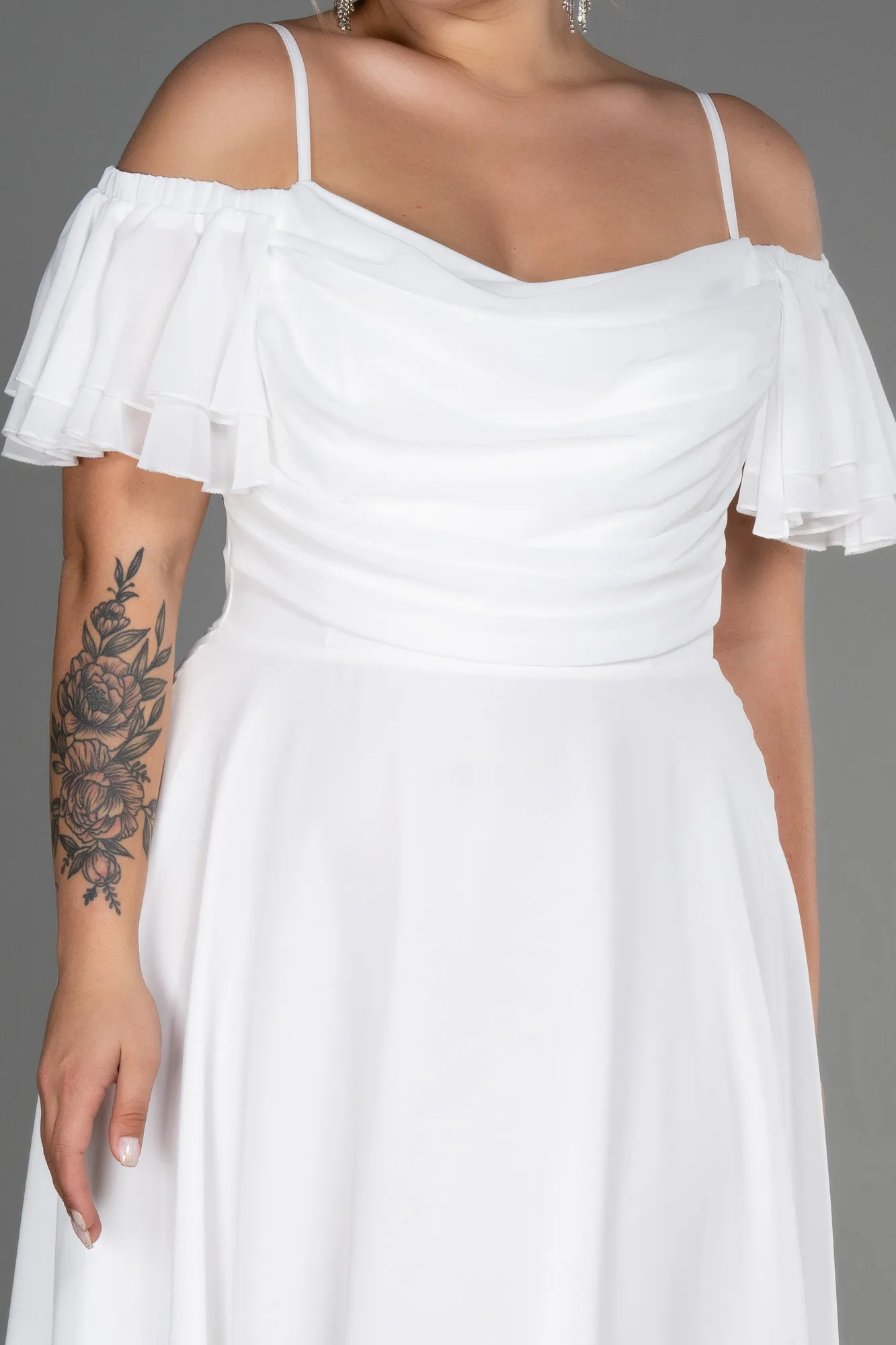 Ecru-Midi Chiffon Plus Size Evening Dress ABK1475