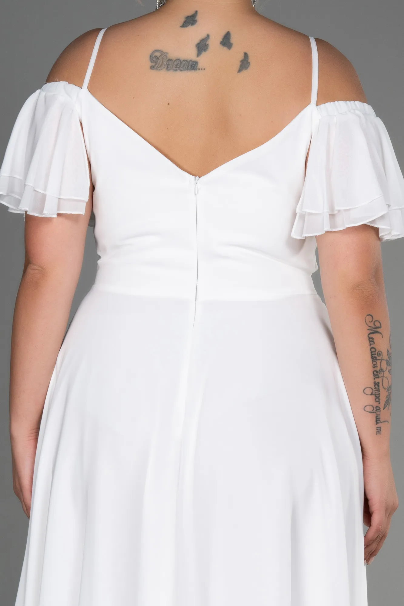 Ecru-Midi Chiffon Plus Size Evening Dress ABK1475