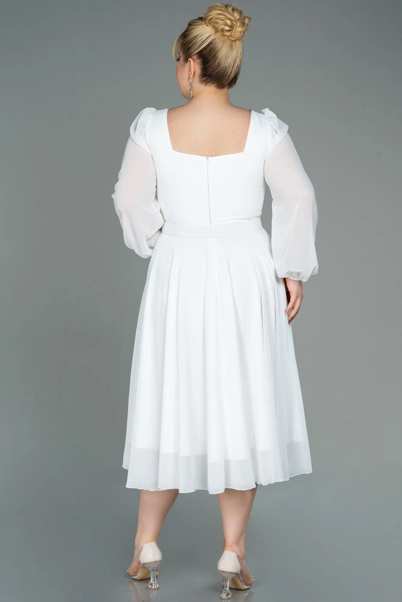 Ecru-Midi Chiffon Plus Size Evening Dress ABK1753