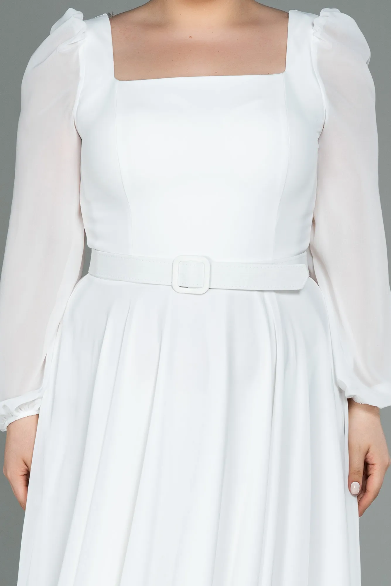 Ecru-Midi Chiffon Plus Size Evening Dress ABK1753