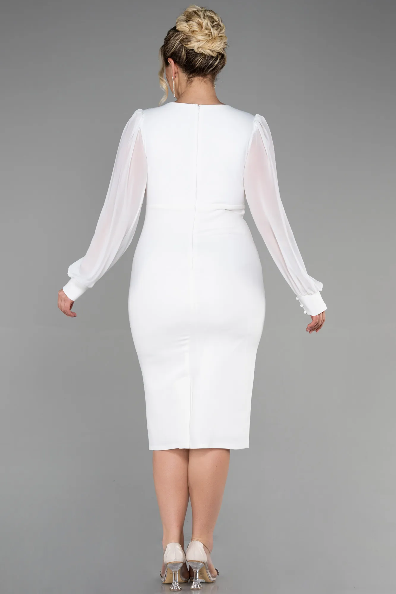 Ecru-Midi Chiffon Plus Size Evening Dress ABK1885