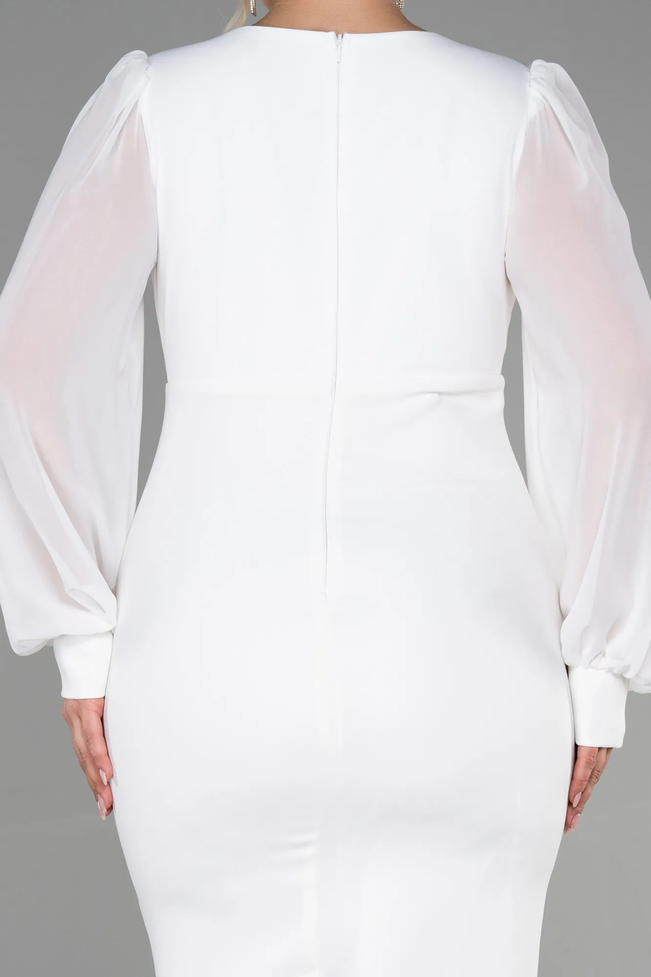 Ecru-Midi Chiffon Plus Size Evening Dress ABK1885