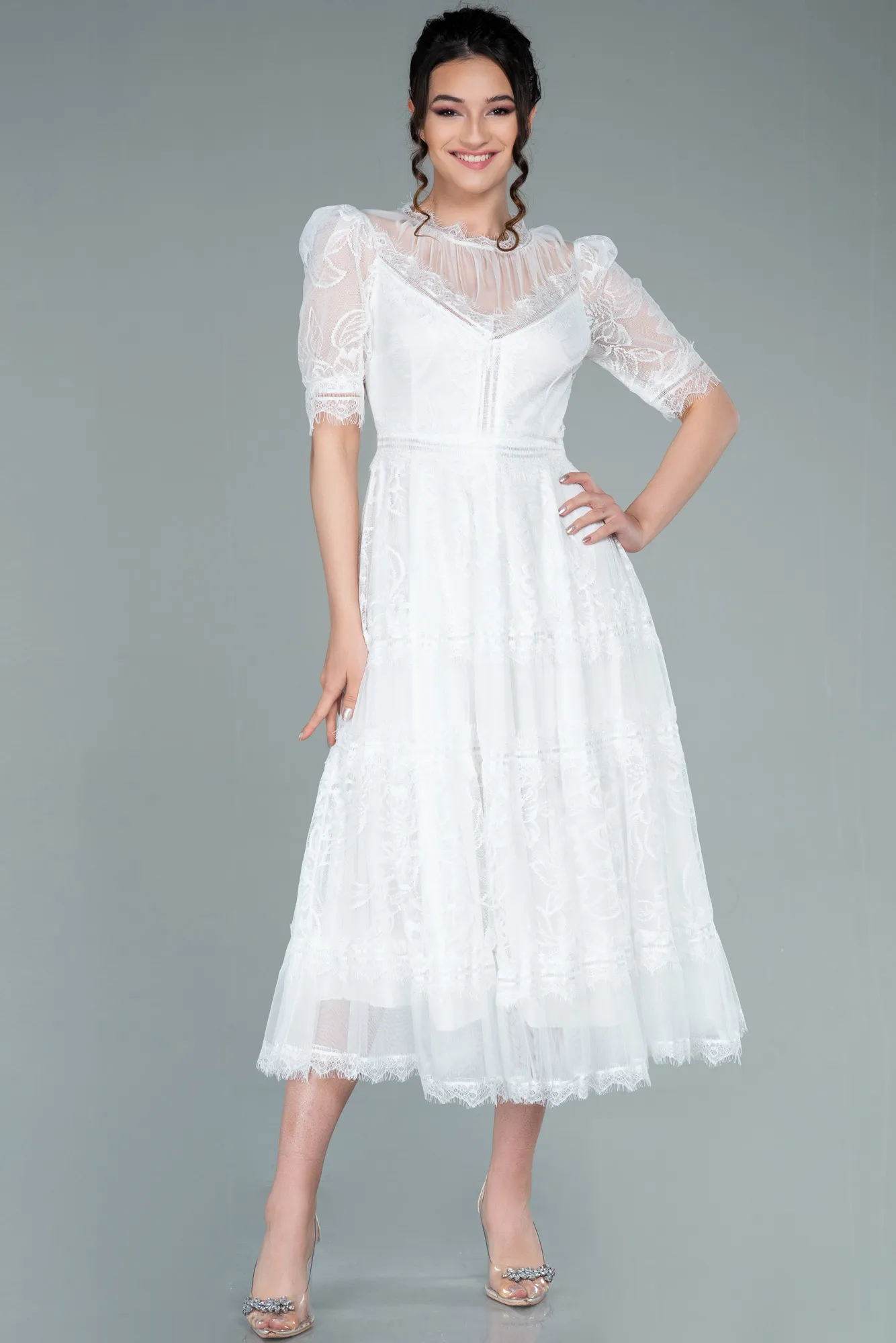 Ecru-Midi Dantelle Night Dress ABK1388