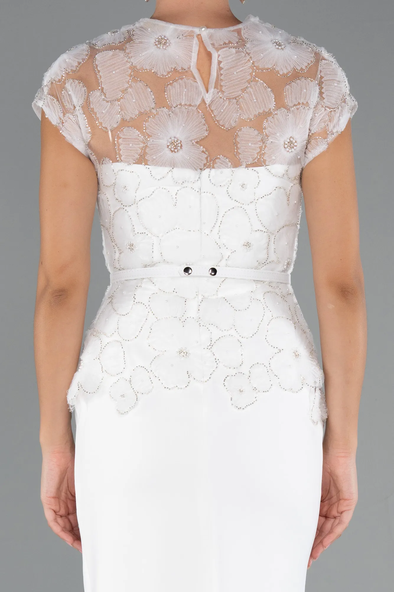 Ecru-Midi Dantelle Party Dress ABK2427