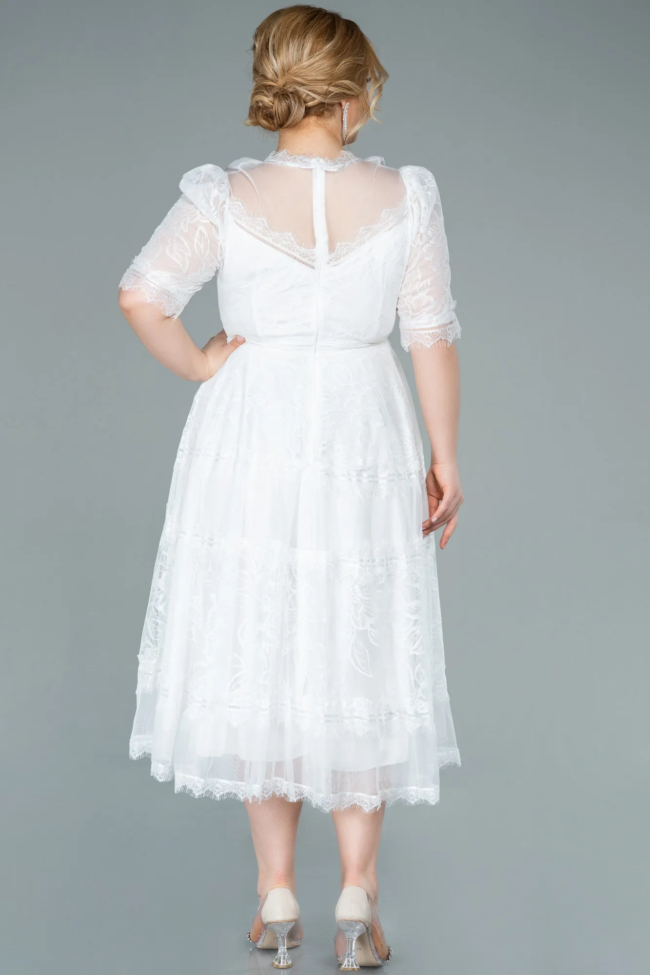 Ecru-Midi Dantelle Plus Size Evening Dress ABK1396