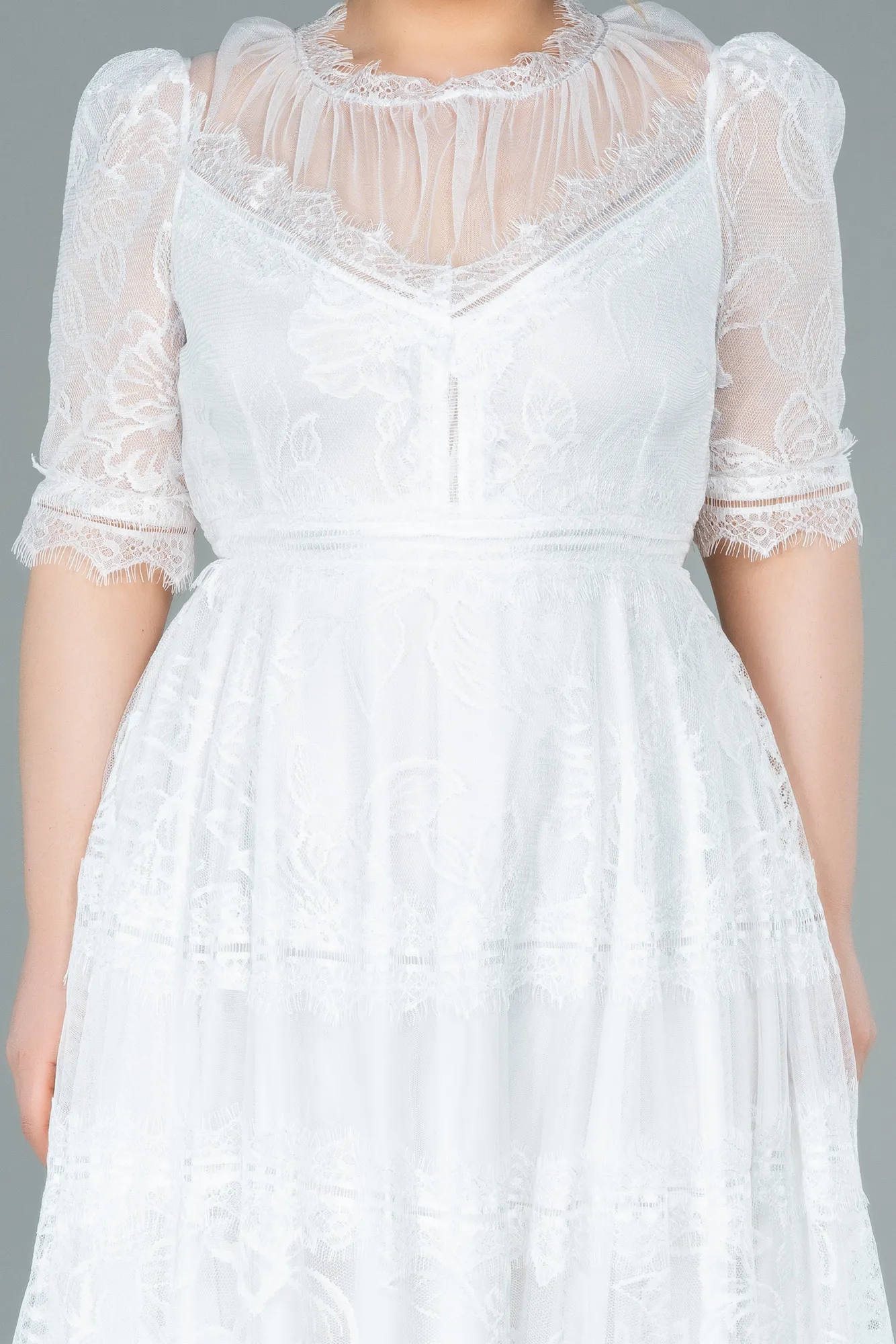 Ecru-Midi Dantelle Plus Size Evening Dress ABK1396