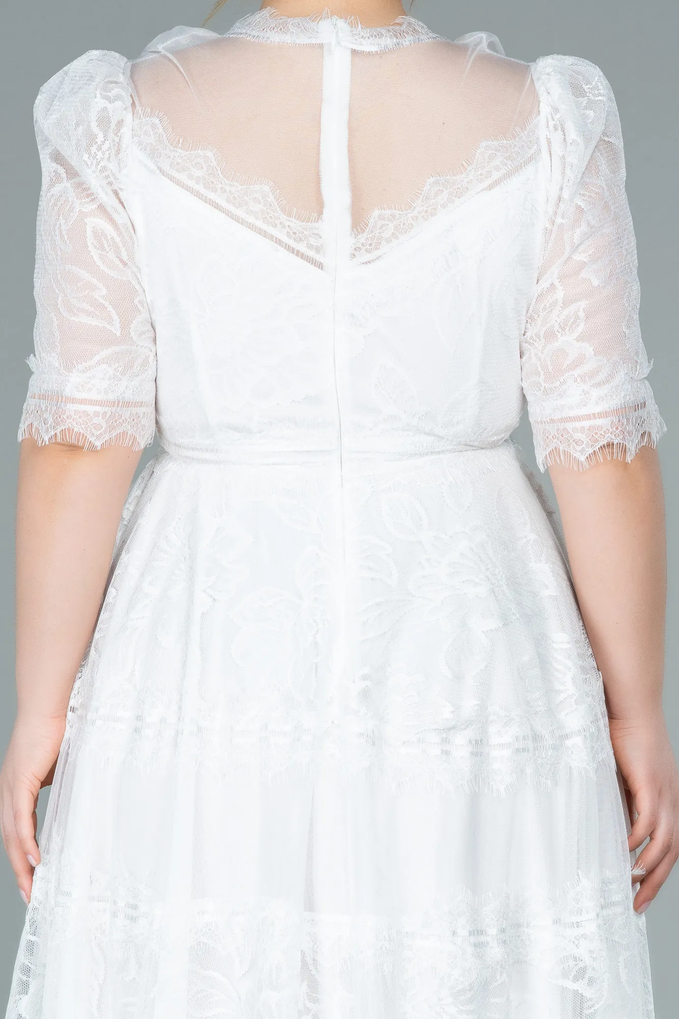 Ecru-Midi Dantelle Plus Size Evening Dress ABK1396