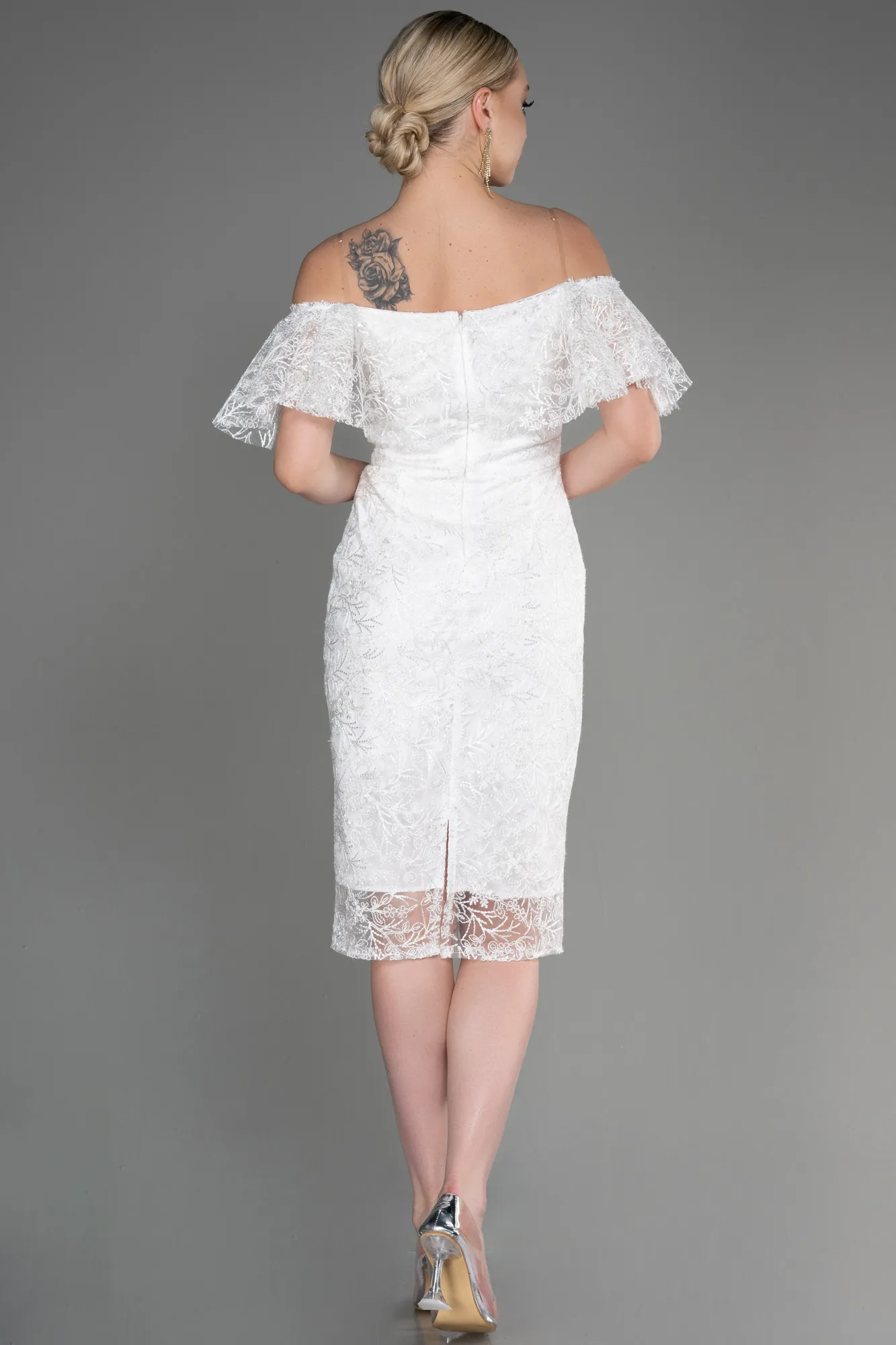 Ecru-Midi Laced Cocktail Dress ABK2005