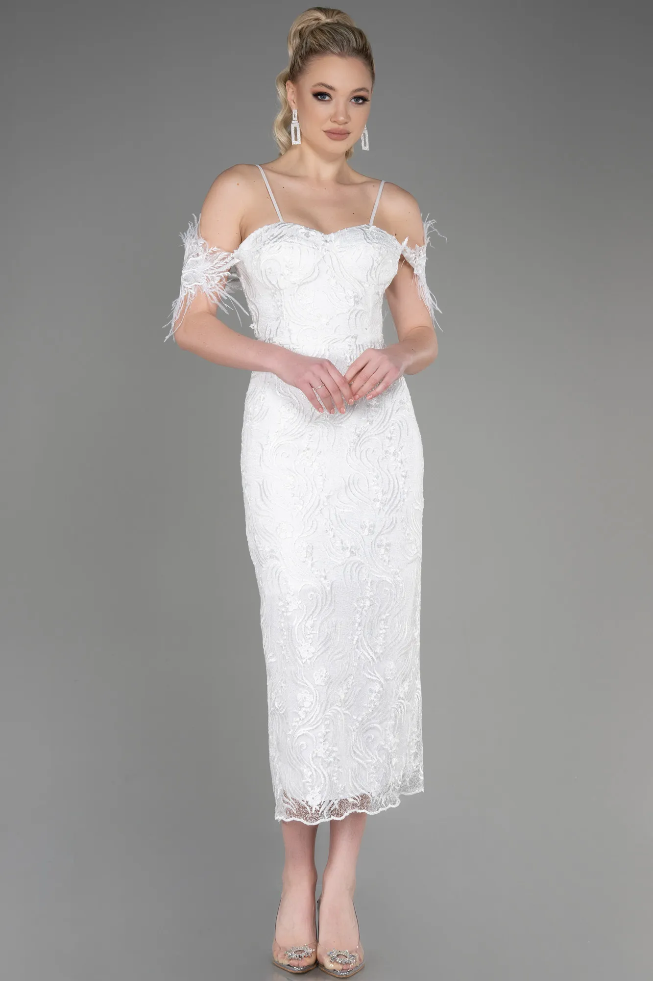 Ecru-Midi Laced Party Dress ABK1998