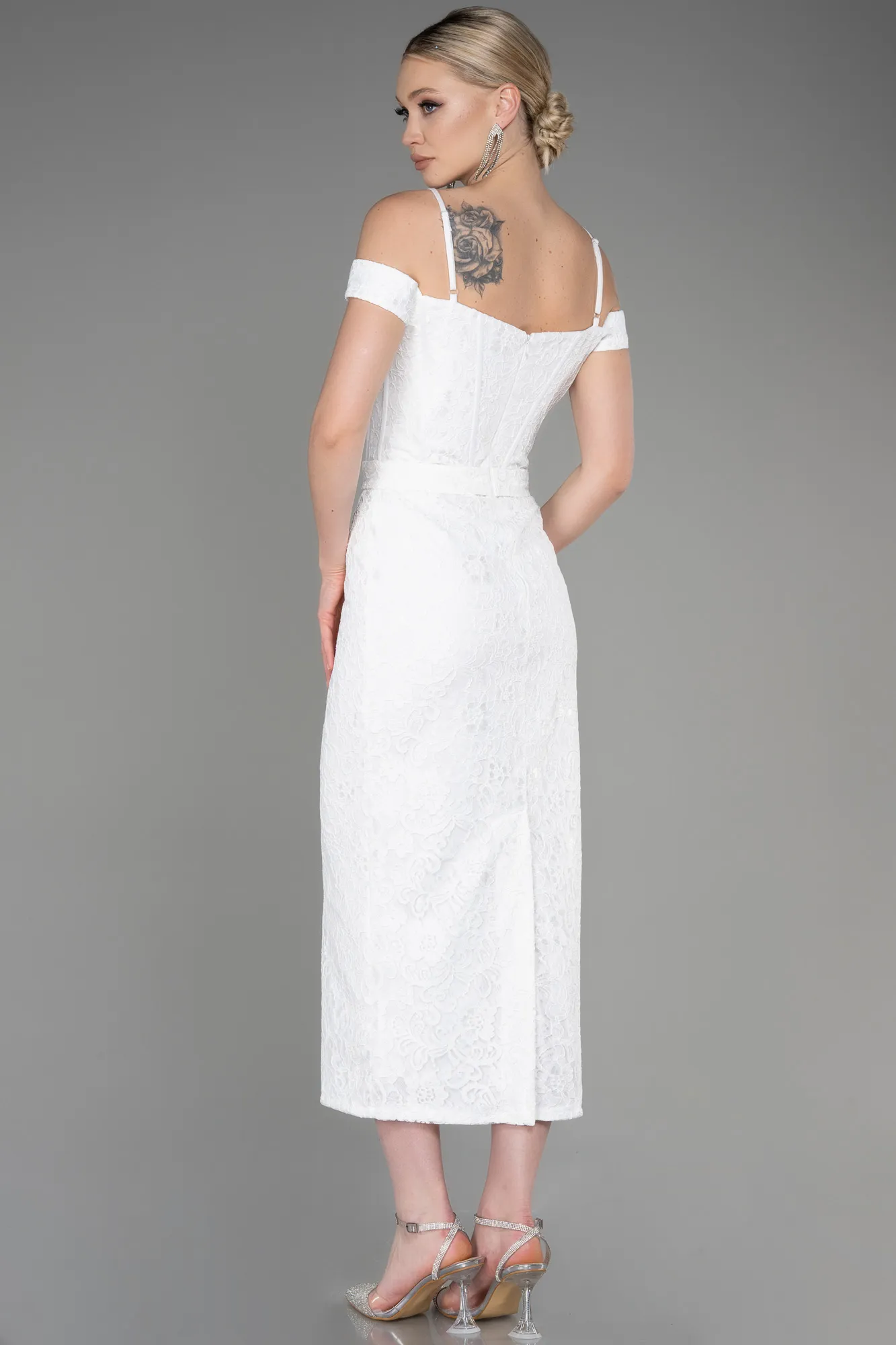 Ecru-Midi Laced Party Dress ABK2013