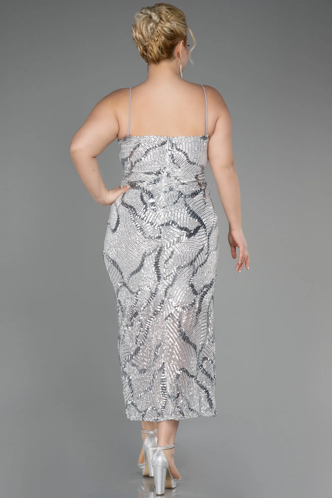 Ecru-Midi Plus Size Evening Dress ABK1349