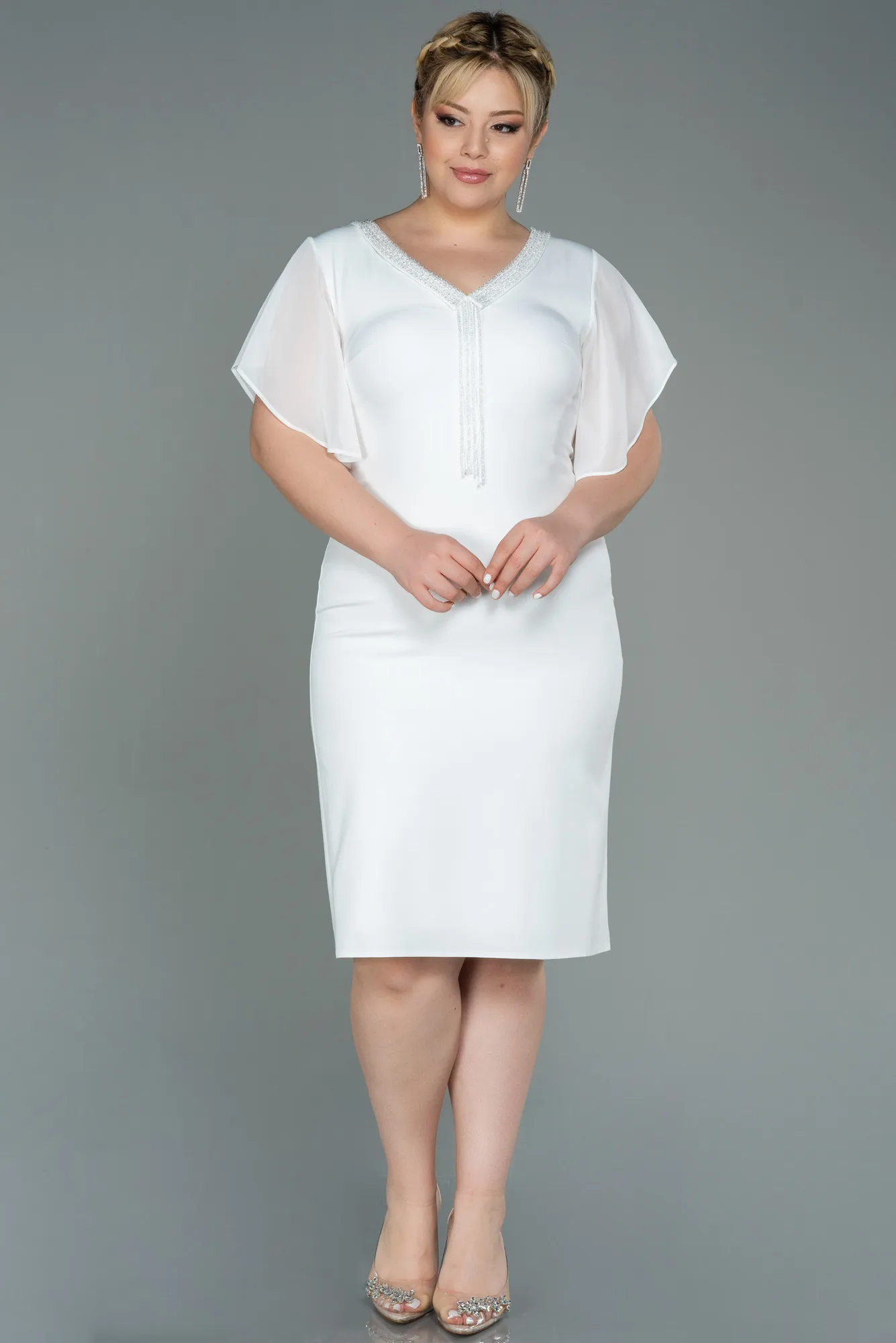 Ecru-Midi Plus Size Evening Dress ABK1626