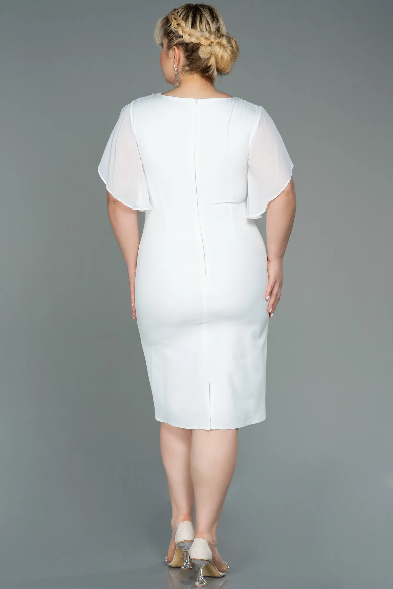 Ecru-Midi Plus Size Evening Dress ABK1626