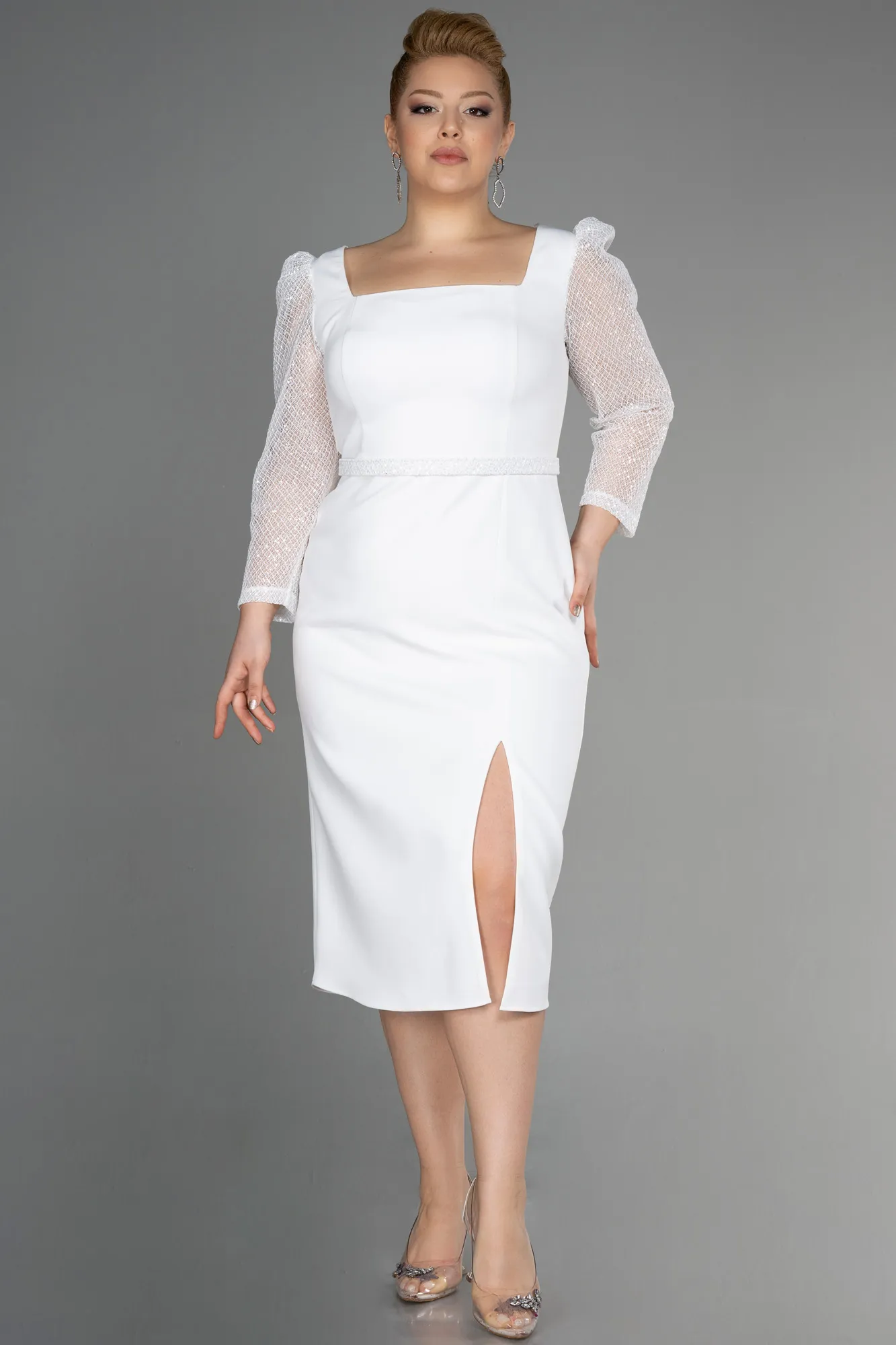 Ecru-Midi Plus Size Evening Dress ABK1930