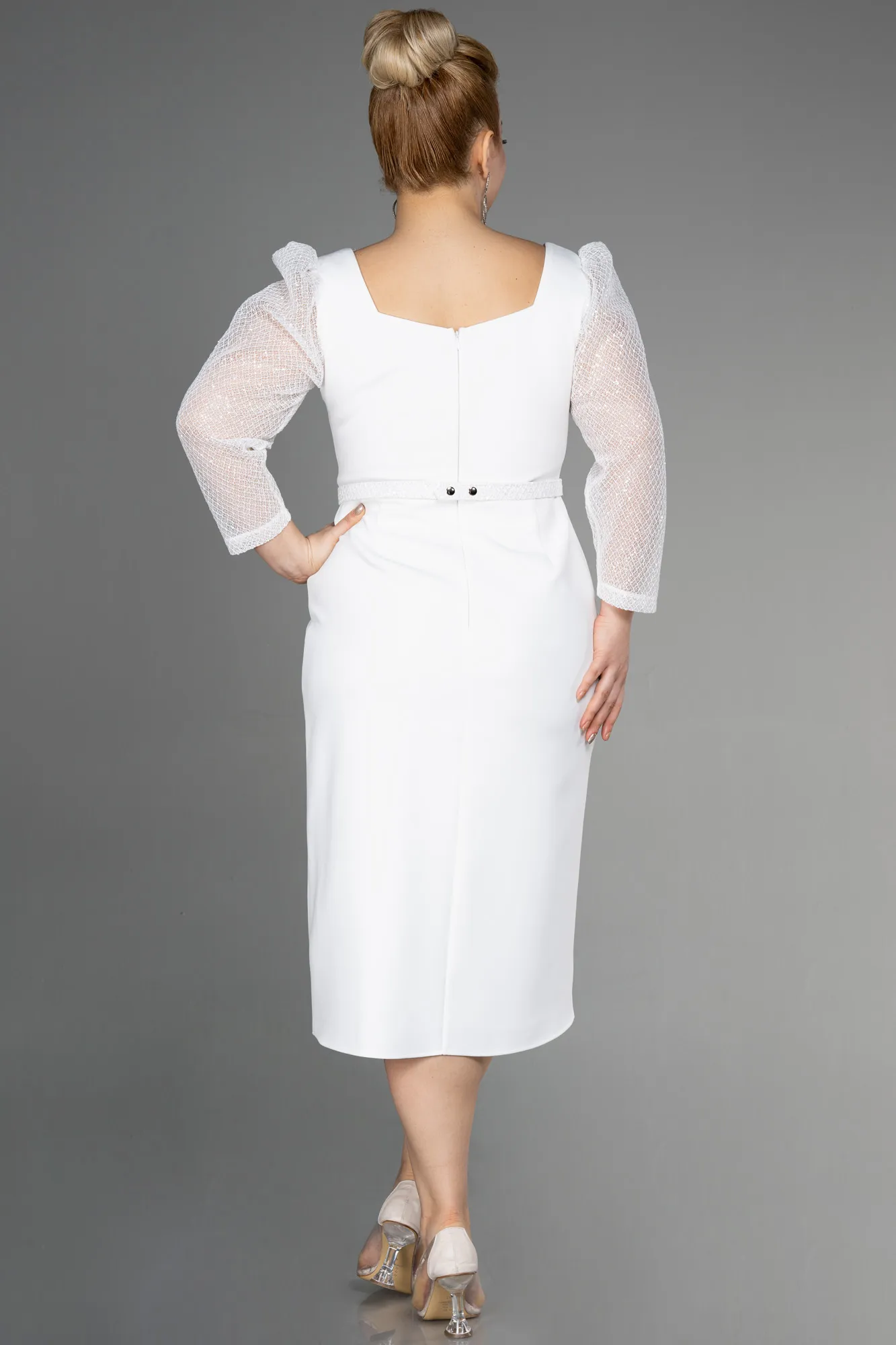 Ecru-Midi Plus Size Evening Dress ABK1930