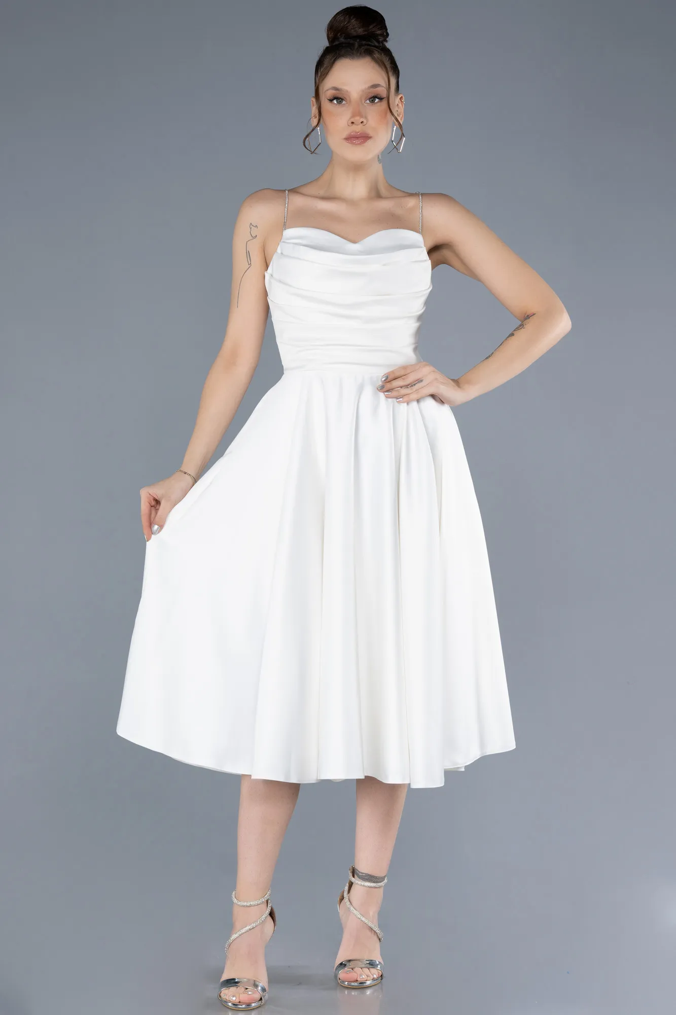 Ecru-Midi Satin Cocktail Dress ABK2240