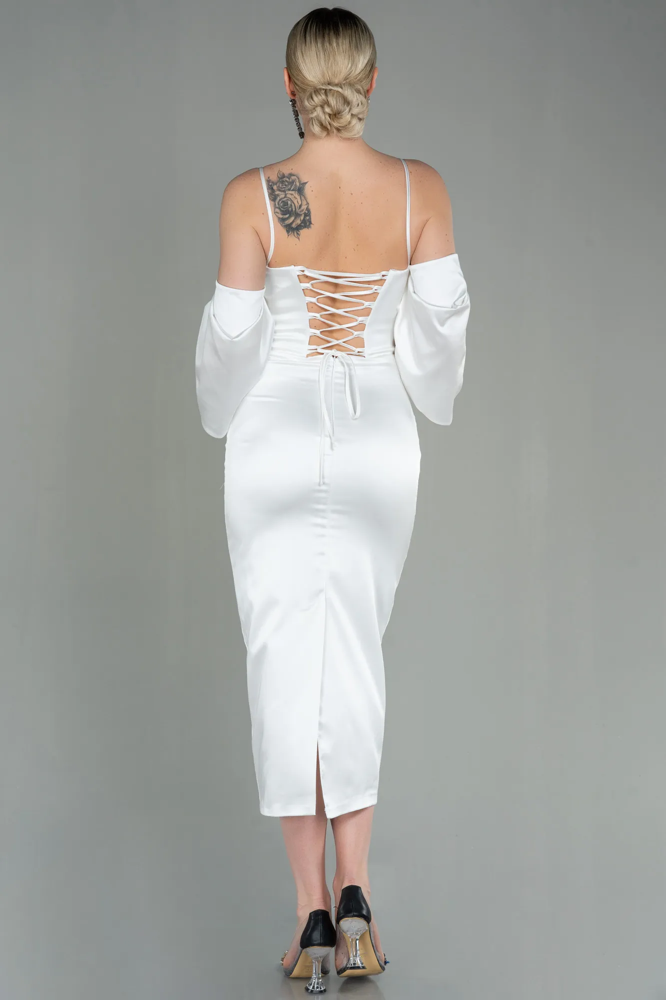 Ecru-Midi Satin Invitation Dress ABK1676