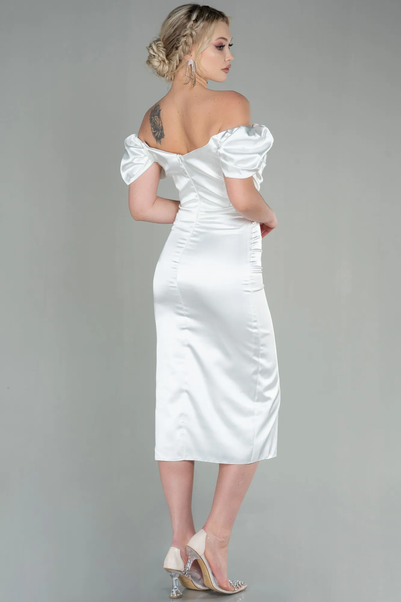 Ecru-Midi Satin Night Dress ABK1601