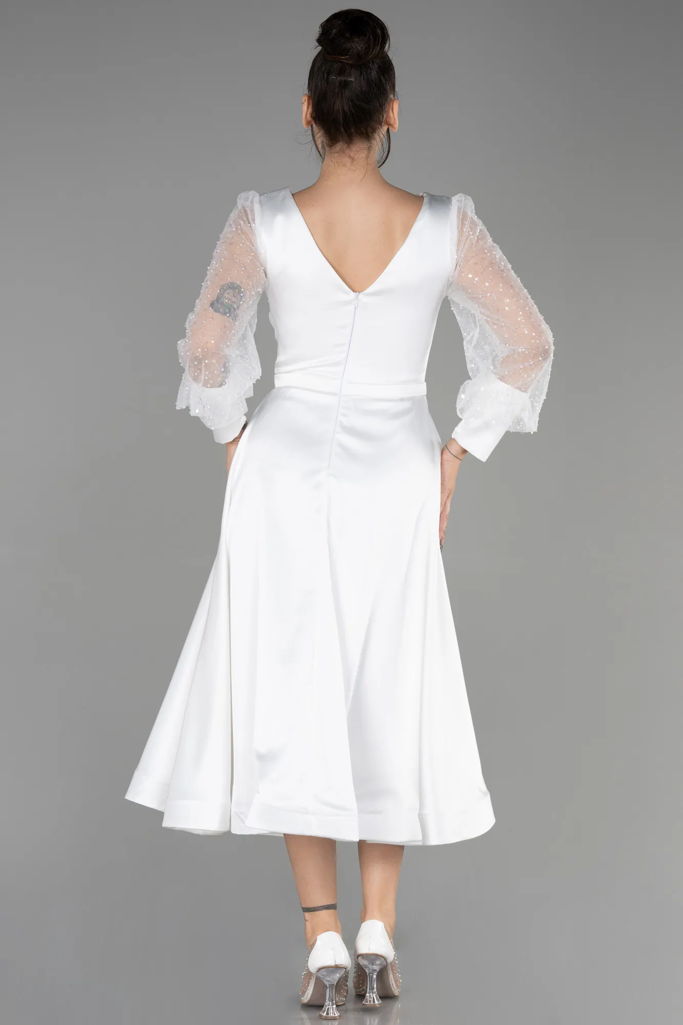 Ecru-Midi Satin Night Dress ABK1869