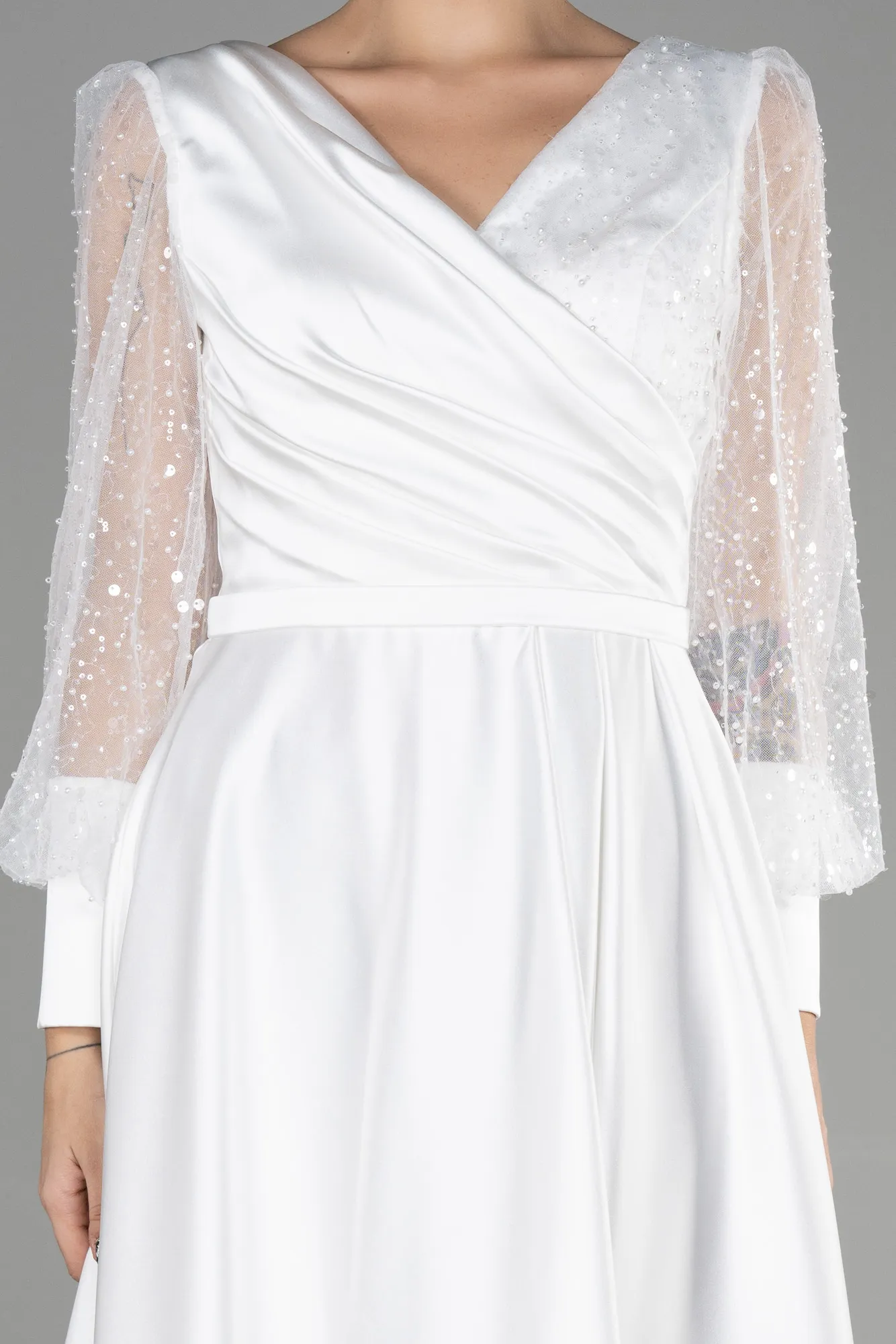 Ecru-Midi Satin Night Dress ABK1869