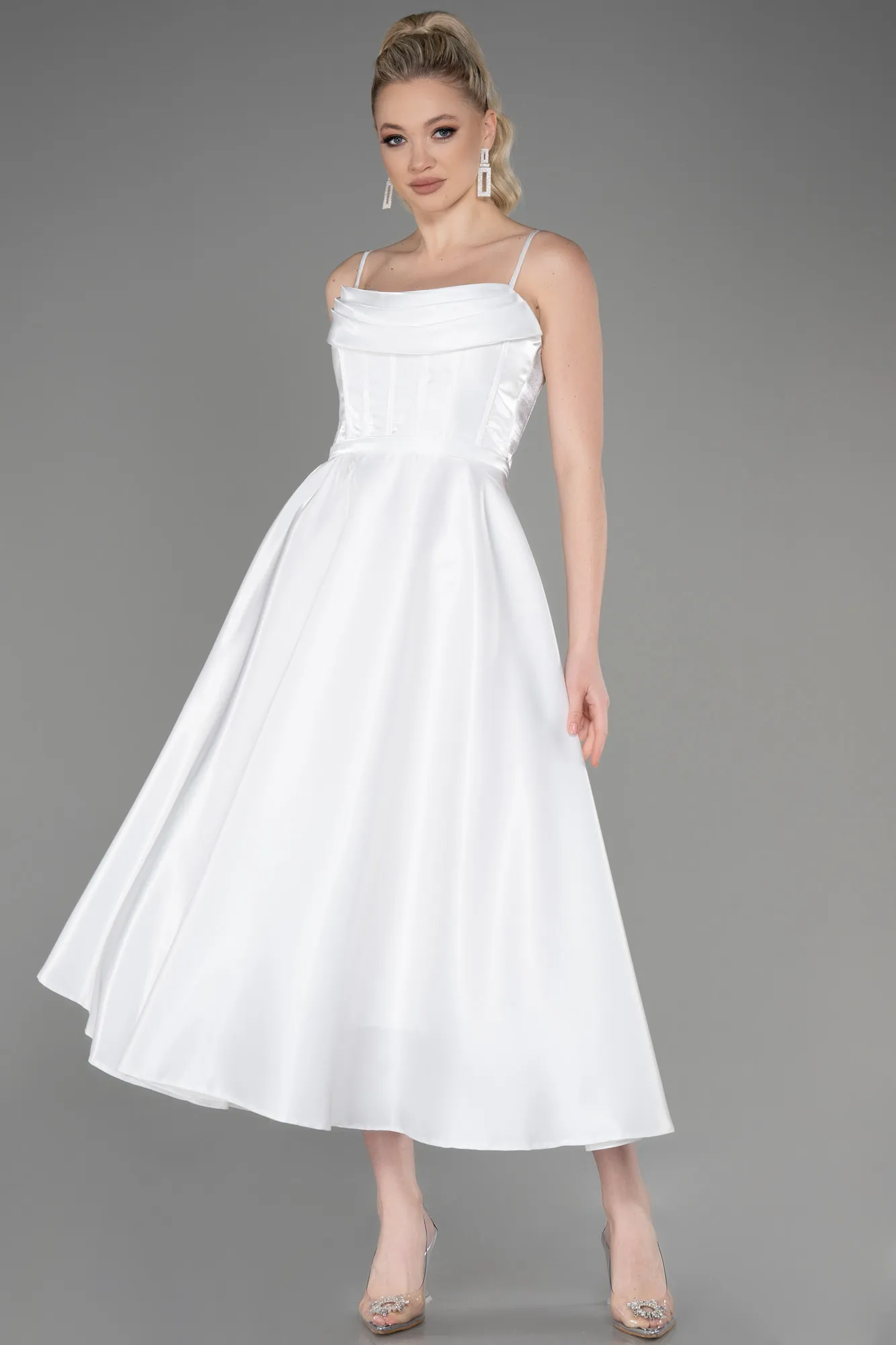 Ecru-Midi Satin Party Dress ABK2011