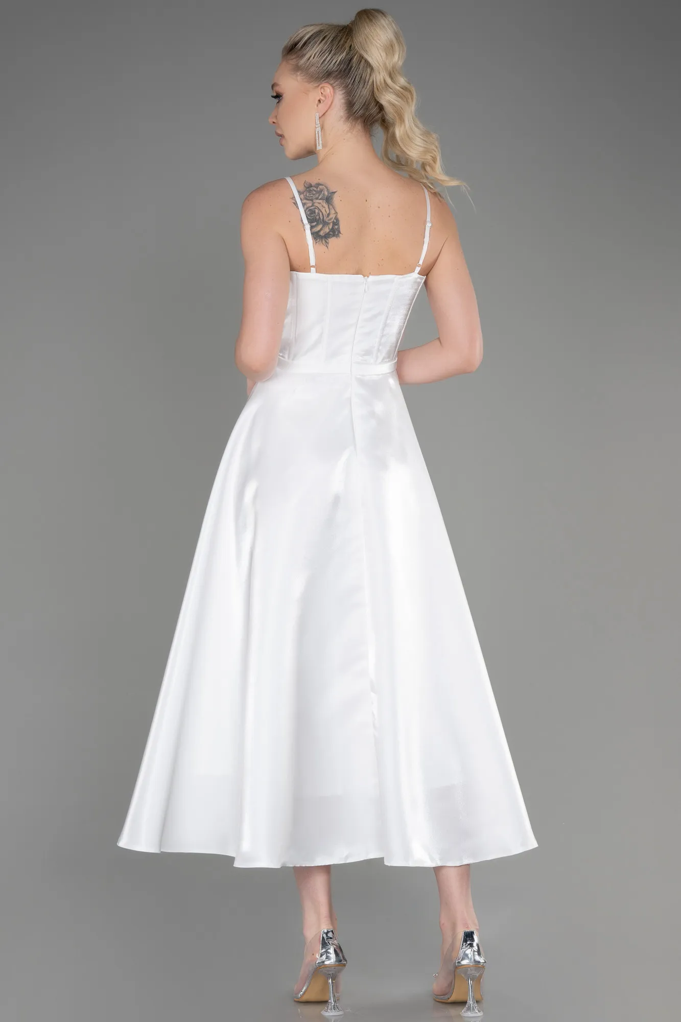 Ecru-Midi Satin Party Dress ABK2011