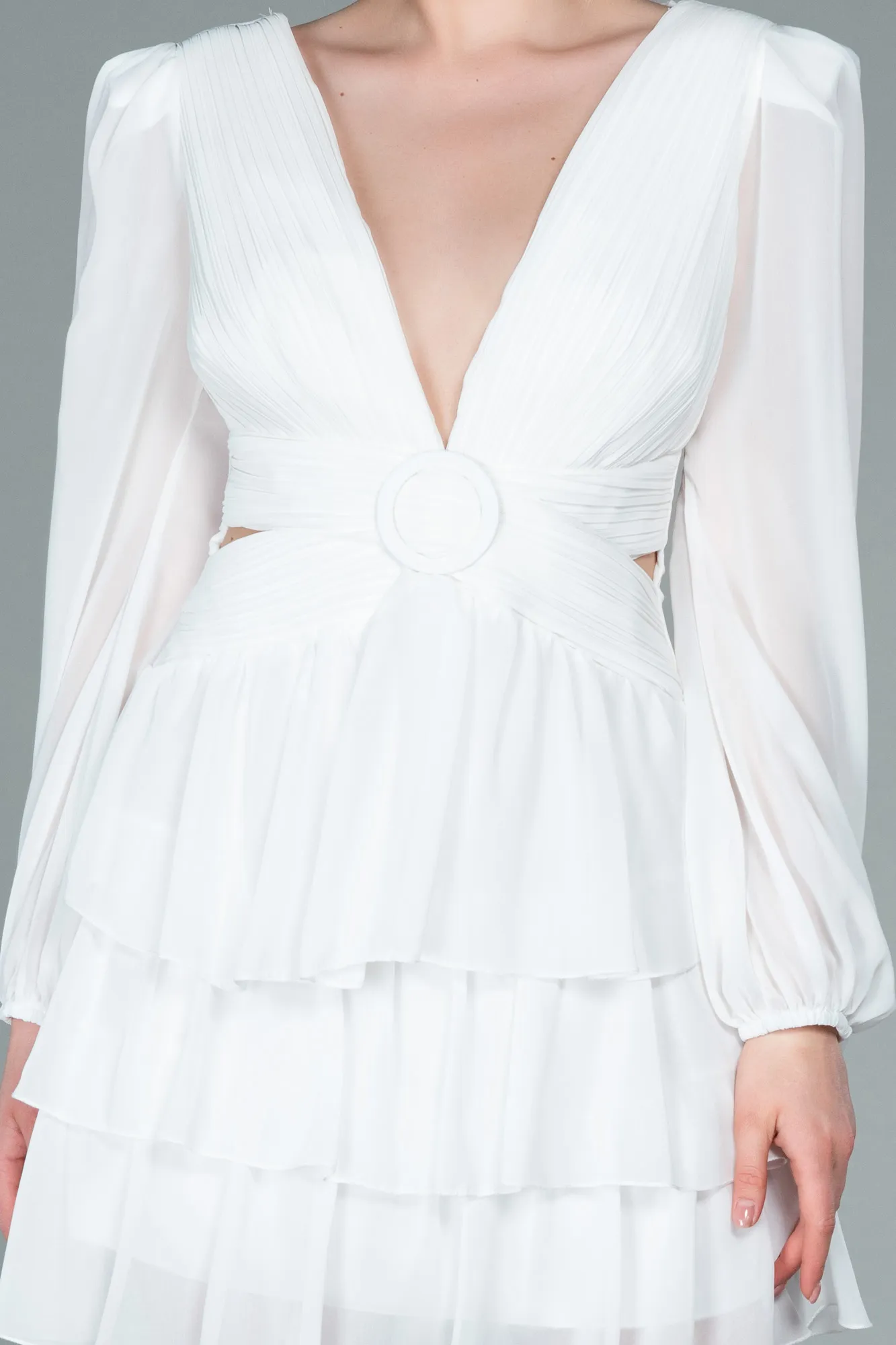 Ecru-Mini Chiffon Invitation Dress ABK1899