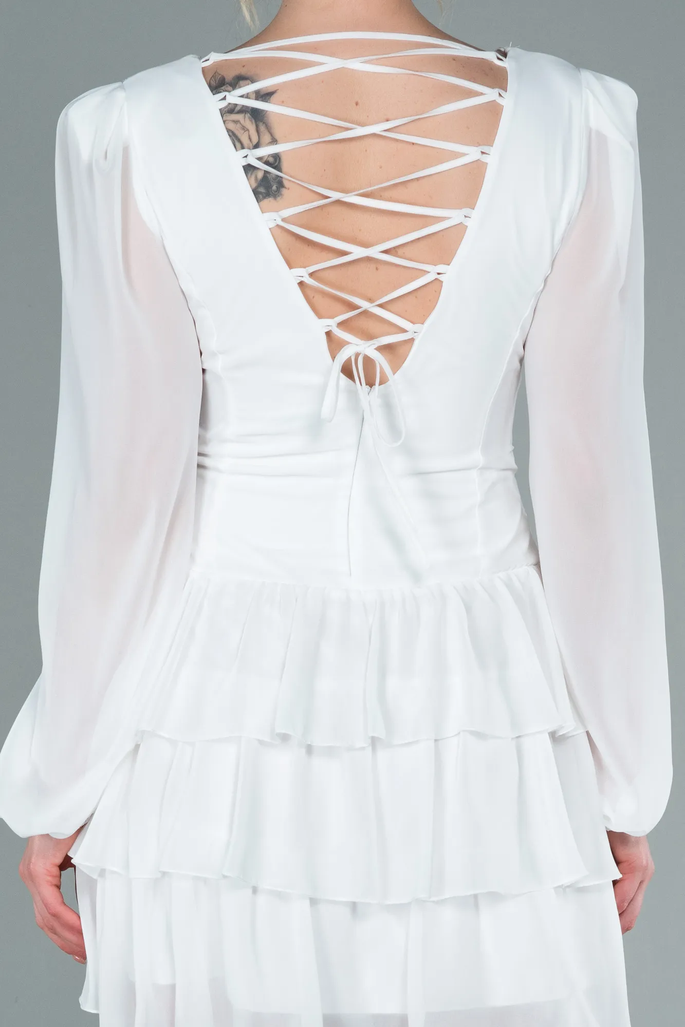 Ecru-Mini Chiffon Invitation Dress ABK1899