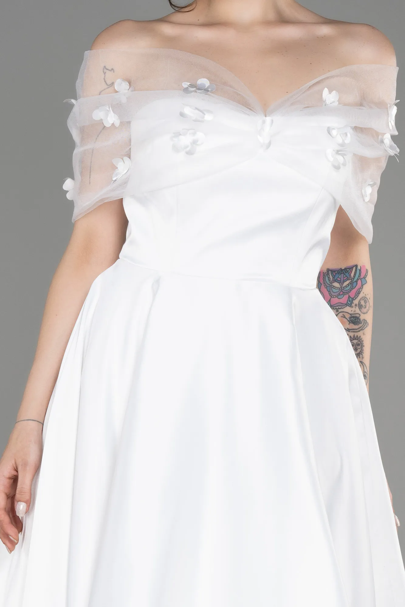 Ecru-Off-Shoulder Midi Saten Prom Dress ABK2033