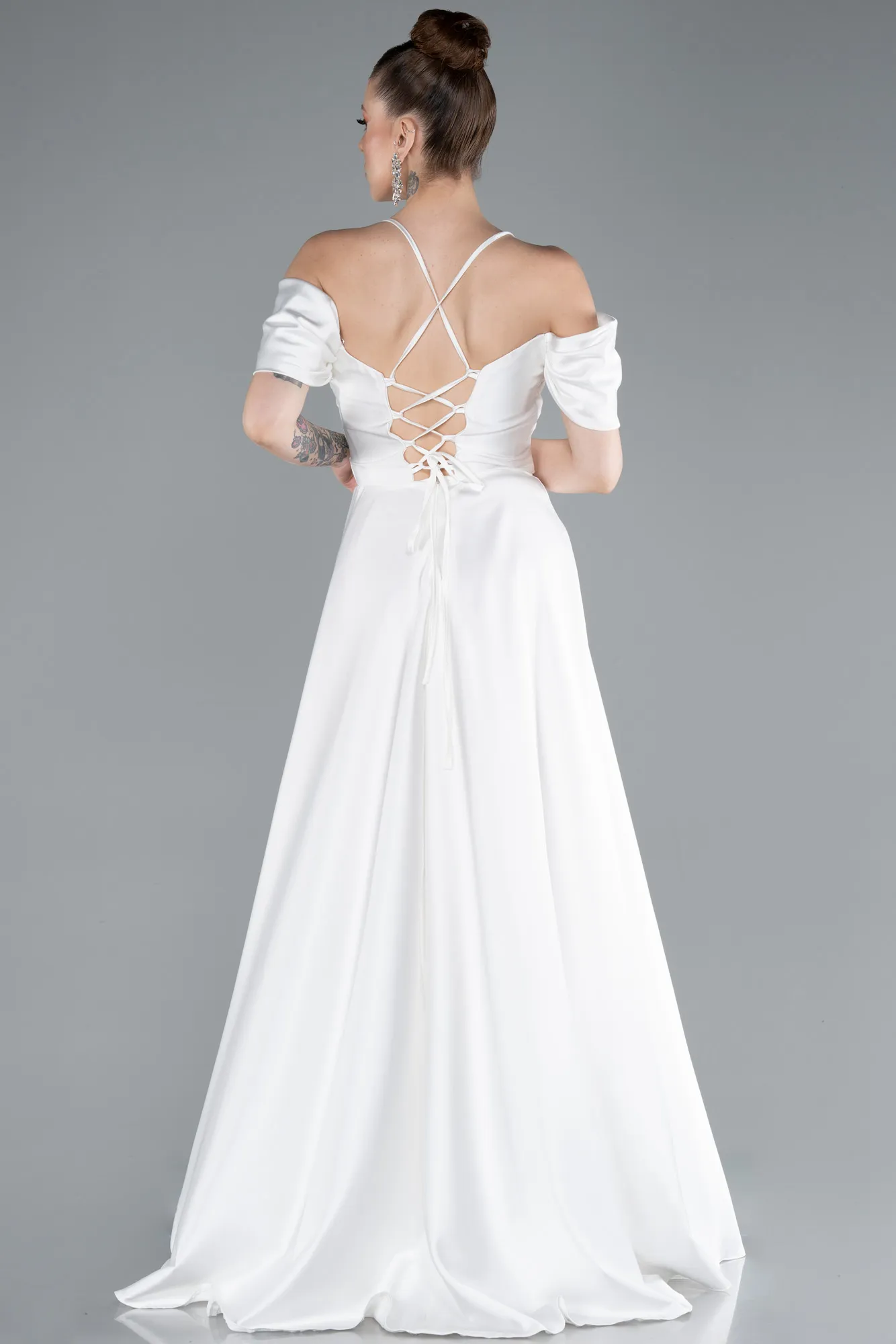 Ecru-Off The Shoulder Slit Long Satin Prom Dress ABU4703