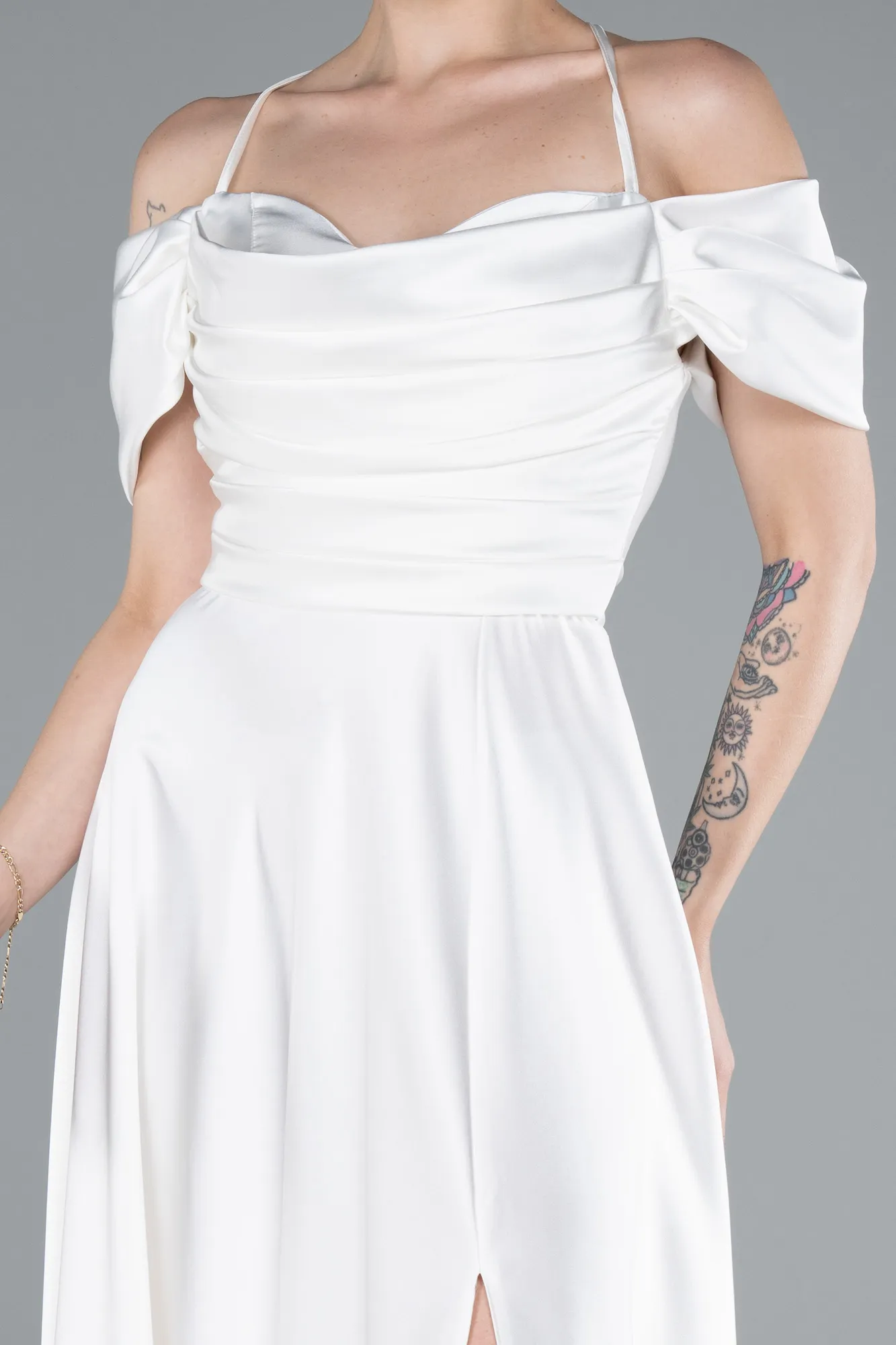 Ecru-Off The Shoulder Slit Long Satin Prom Dress ABU4703