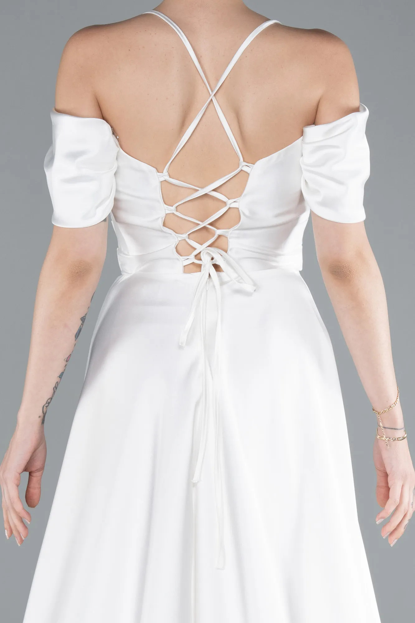 Ecru-Off The Shoulder Slit Long Satin Prom Dress ABU4703