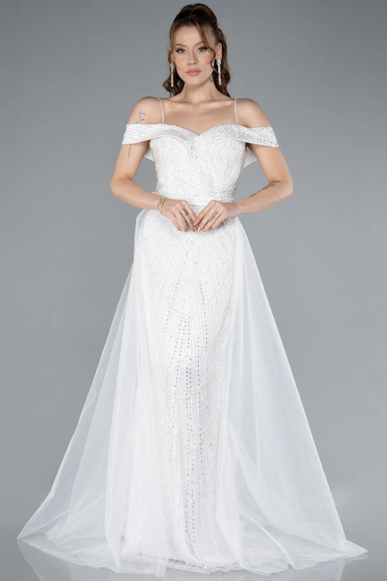 Ecru-Off The Shoulder Tail Accessory Long Sequined Evening Gown ABU4708