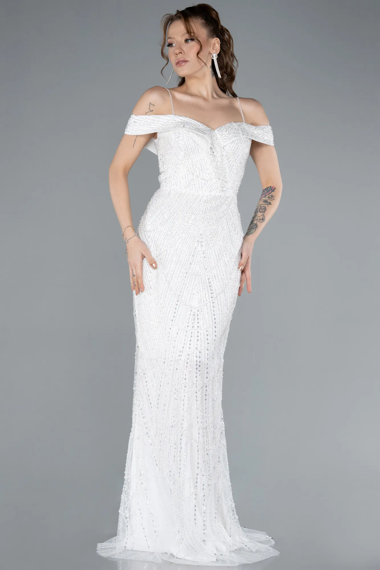 Ecru-Off The Shoulder Tail Accessory Long Sequined Evening Gown ABU4708