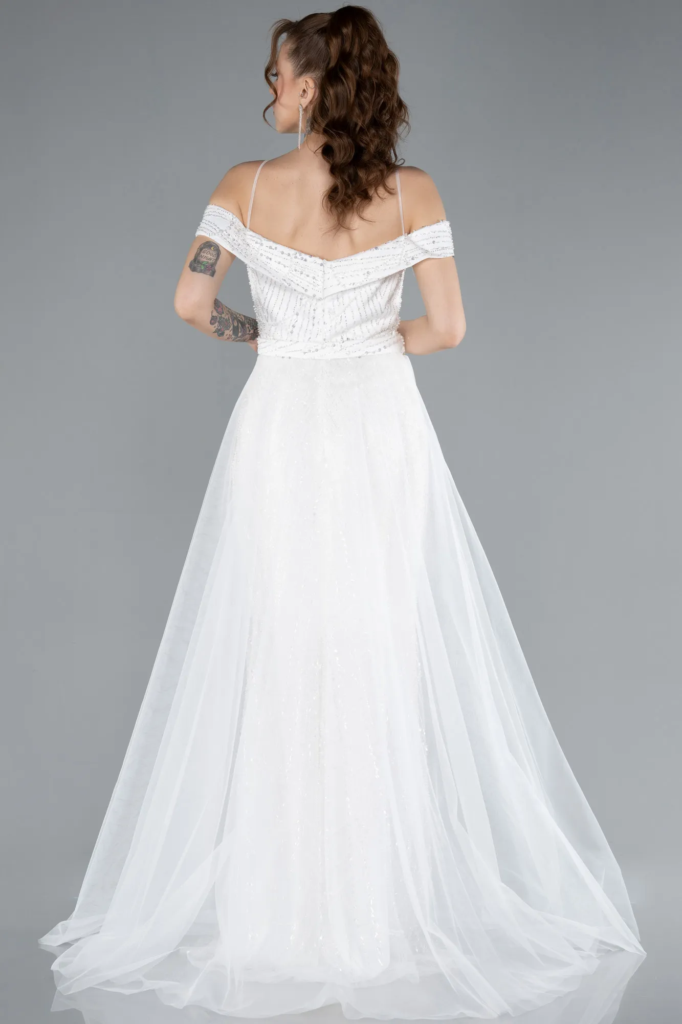 Ecru-Off The Shoulder Tail Accessory Long Sequined Evening Gown ABU4708