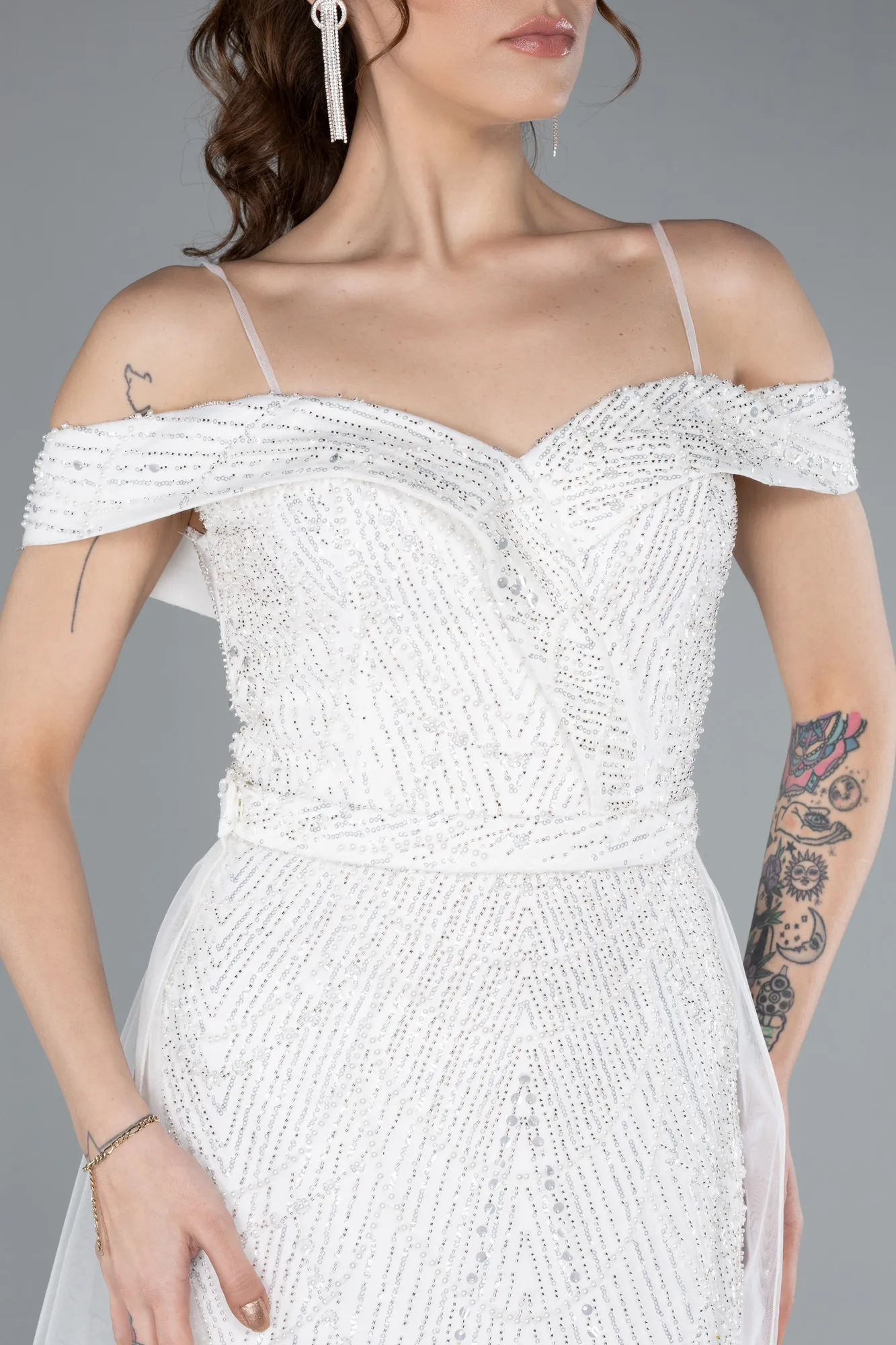 Ecru-Off The Shoulder Tail Accessory Long Sequined Evening Gown ABU4708