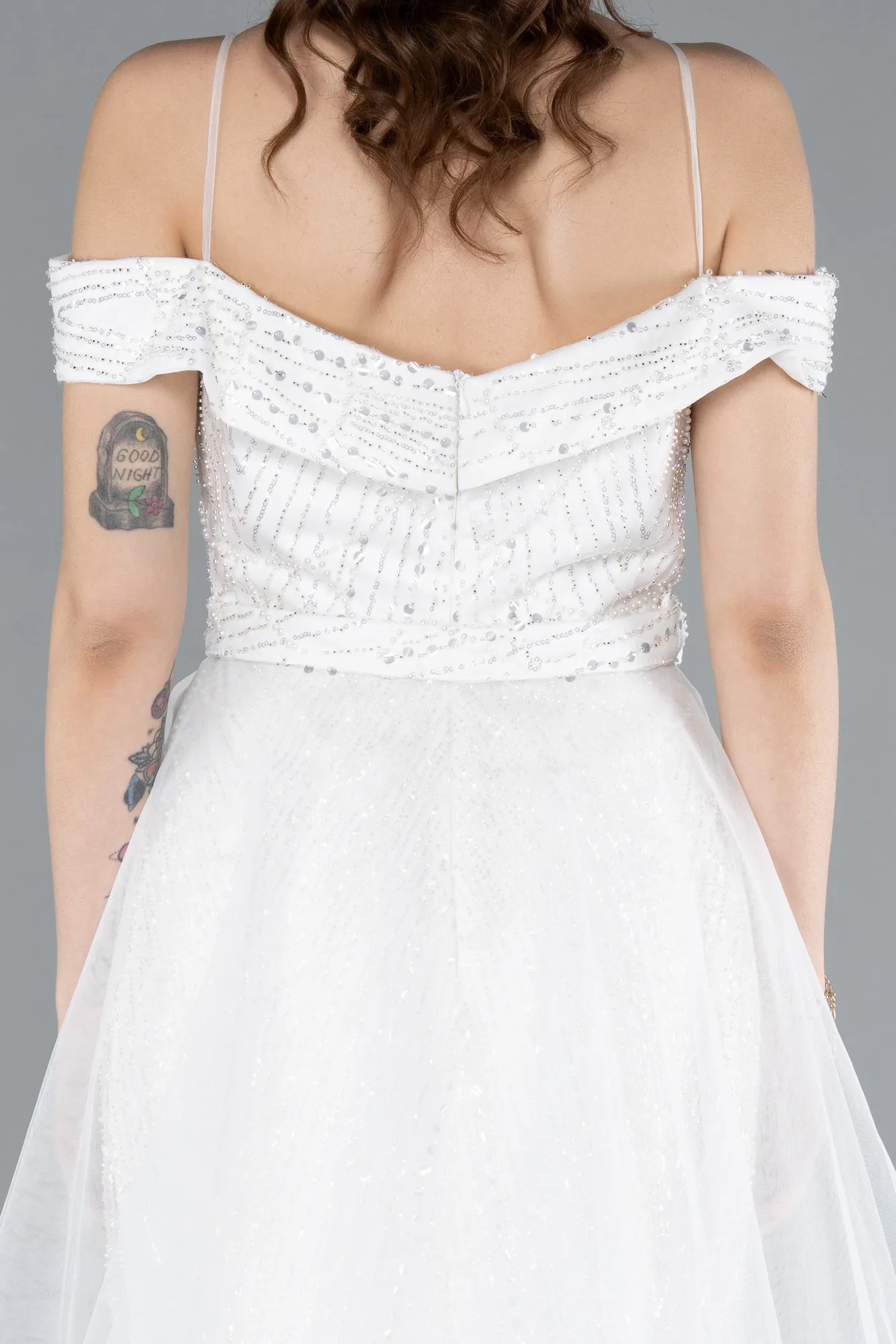 Ecru-Off The Shoulder Tail Accessory Long Sequined Evening Gown ABU4708