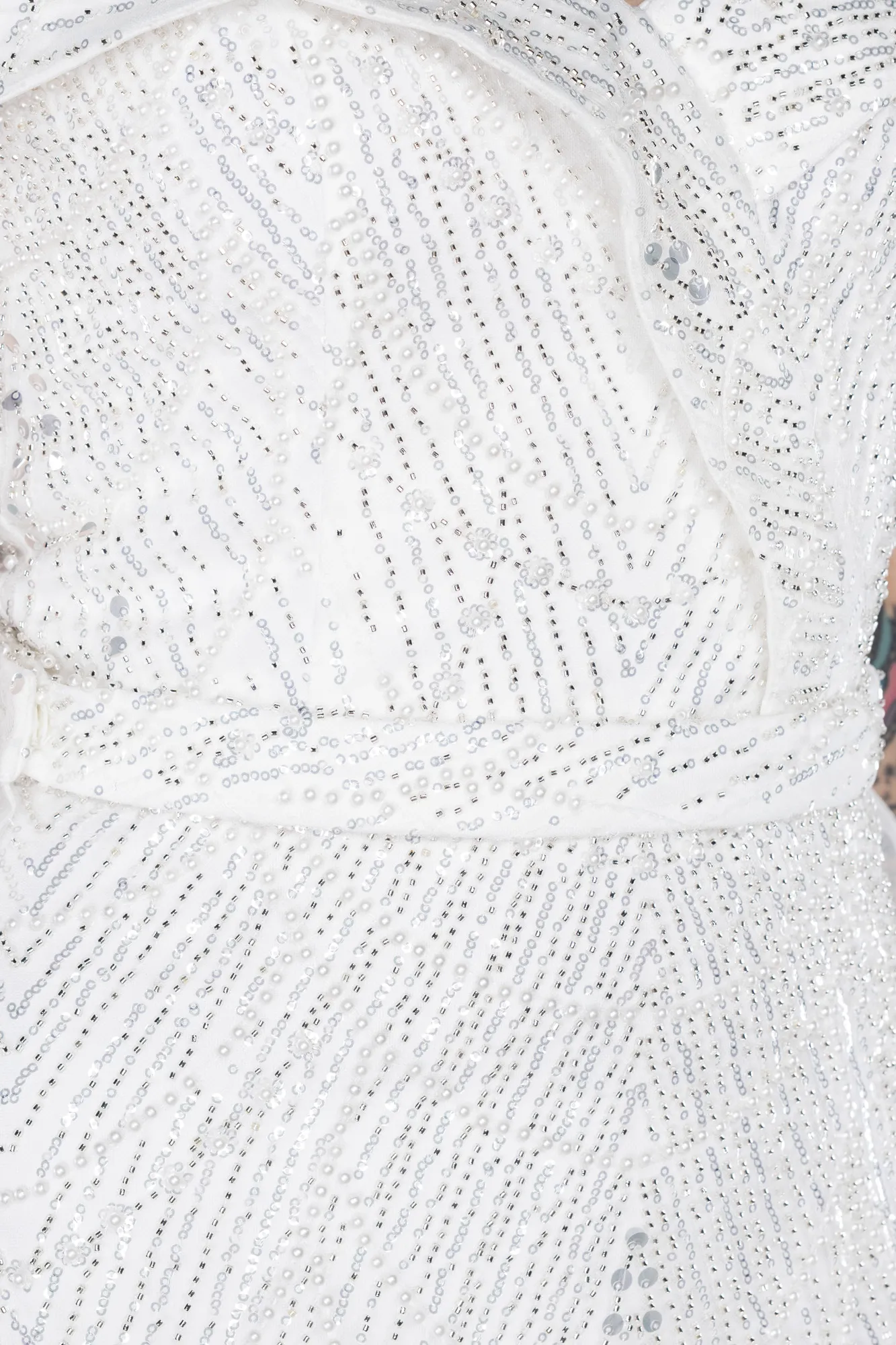 Ecru-Off The Shoulder Tail Accessory Long Sequined Evening Gown ABU4708