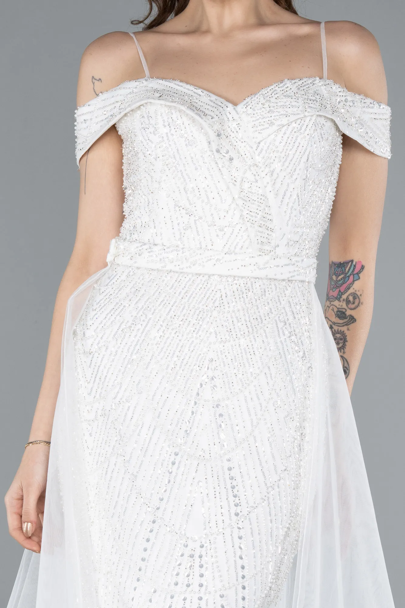 Ecru-Off The Shoulder Tail Accessory Long Sequined Evening Gown ABU4708